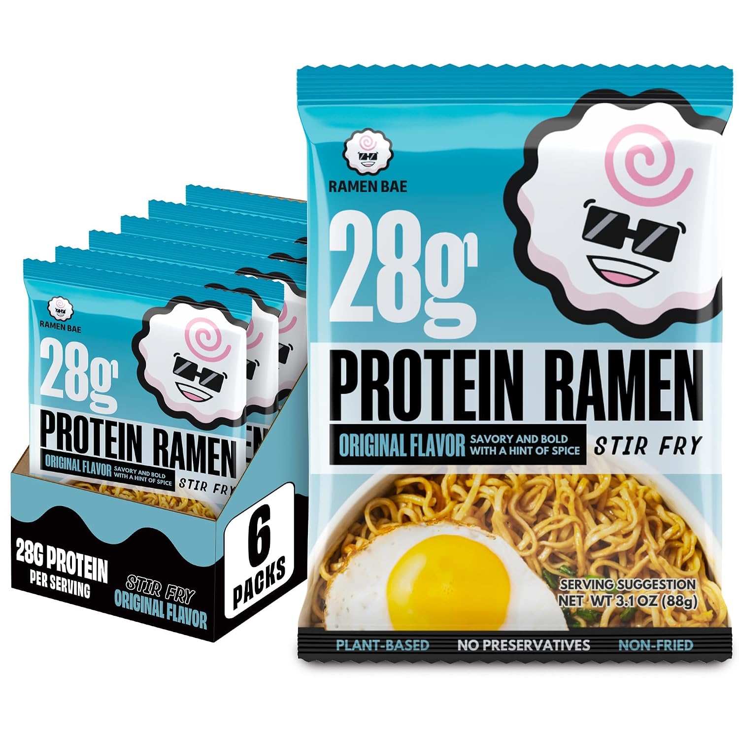 Ramen Bae Original Stir Fry Protein Noodles - 28g Protein, Garlic Soy | Air Dried Not Fried, Plant Based, Vegan Protein Noodles - Lower Carb & Fat - Savory & Bold with Hint of Spice (Pack of 6)