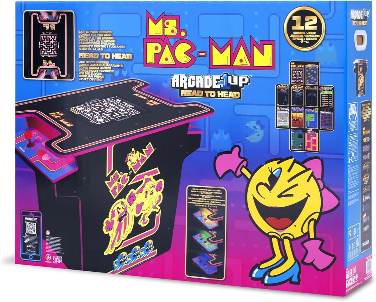 Arcade1Up Ms. PAC-MAN Head-to-Head Arcade Table, 12 Classic Games | Retro Home Arcade Machine with Light-Up Control Deck & Real-Feel Joysticks