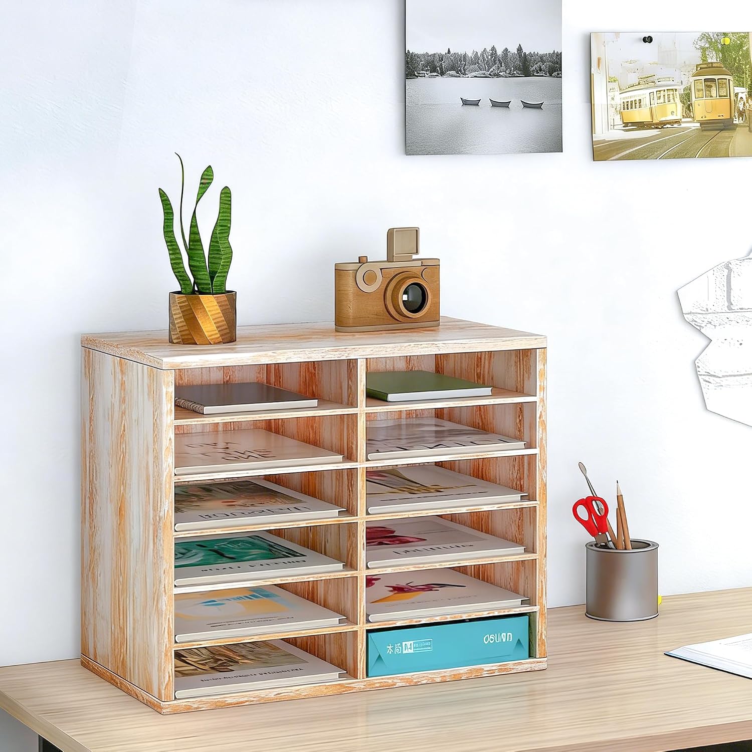 TQVAI Wood Literature Organizer, 27 Slots Hold 13500 Sheets A4 Papers, Wooden Desk File Paper Storage Organizer with Adjustable Shelves