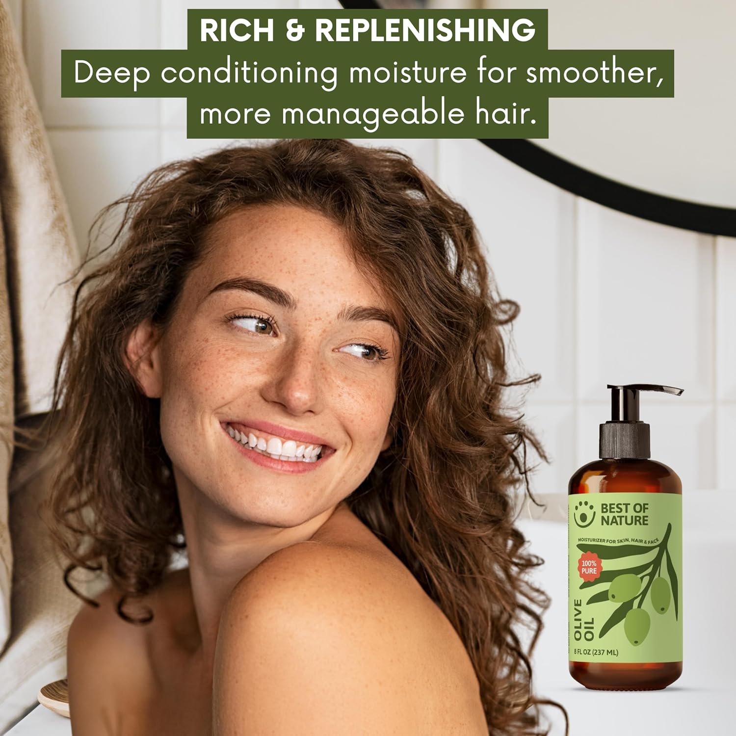 Best of Nature 100% Pure Olive Massage & Body Oil – Cold Pressed, Natural & Unscented Moisturizer for Skin, Hair & Bath, 8 fl oz
