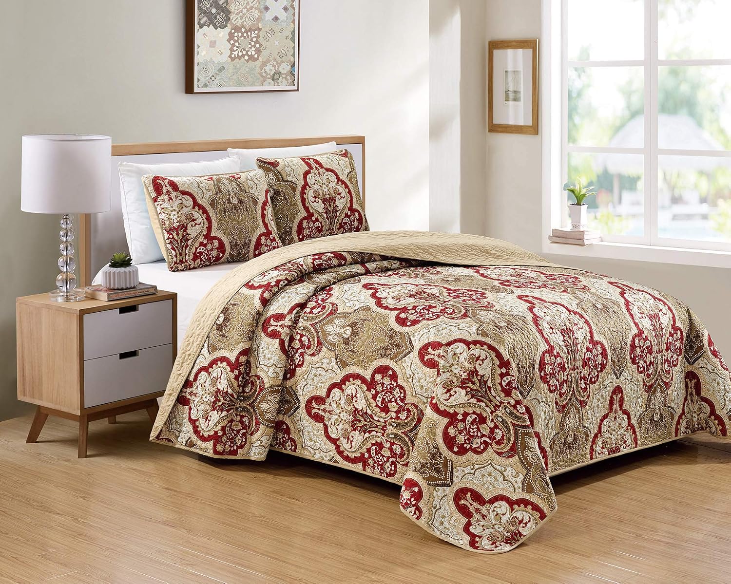 Luxury Home Collection 3 Piece Full/Queen Quilted Reversible Coverlet Bedspread Set Floral Printed Blue Taupe