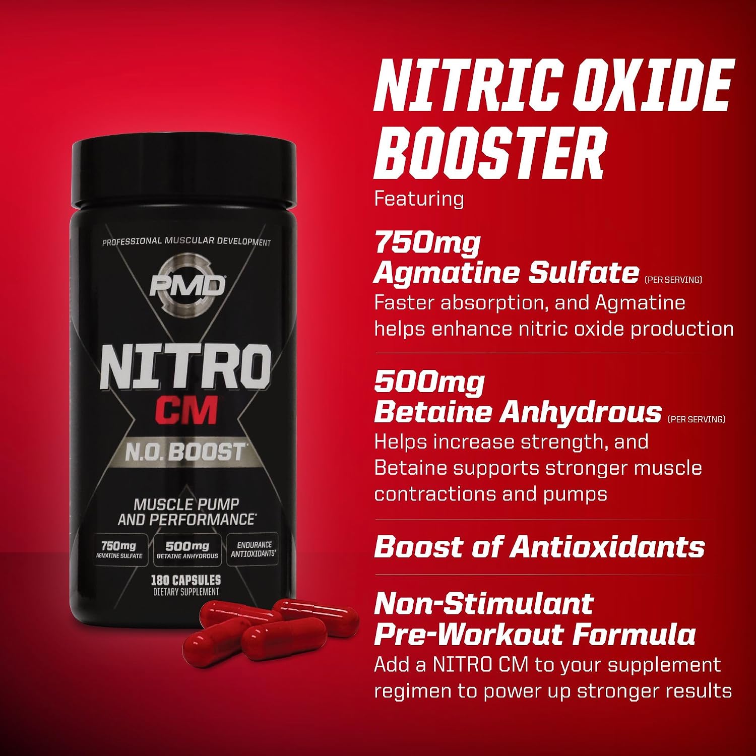 PMD Sports Nitro CM Nitric Oxide with Agmatine Supplement - 90 Capsules | Muscle Growth Support, Muscle Pump, L-Arginine, Endurance Antioxidants Boost, Hardcore Training and Bodybuilding Support