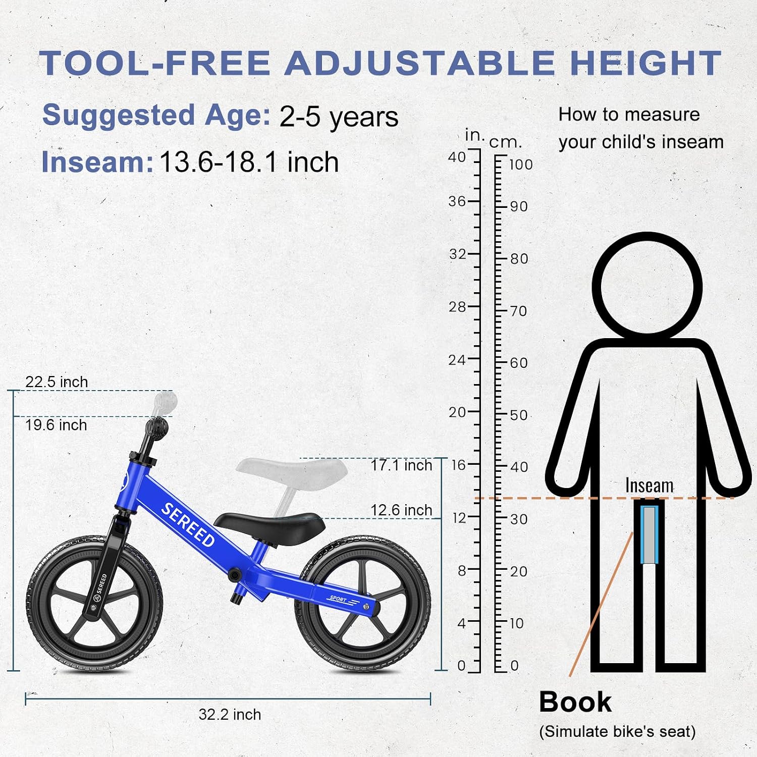 SEREED Toddler Balance Bike 2 Year Old, Gift for 2-3 Boys Girls, Adjustable | No Pedal Kids Toy Bike for 2-5 Years Old, Customize Plate with 3pcs Stickers (White)