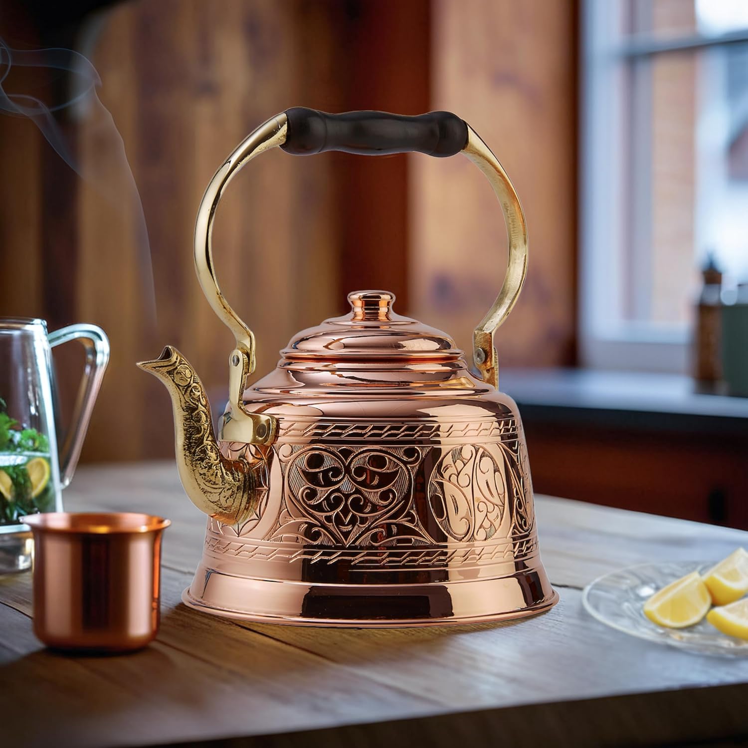 DEMMEX Heavy Gauge 1mm Thick Engraved Solid Copper Tea Pot Kettle Stovetop Teapot, Handmade (1.6-Quarts - Engraved)