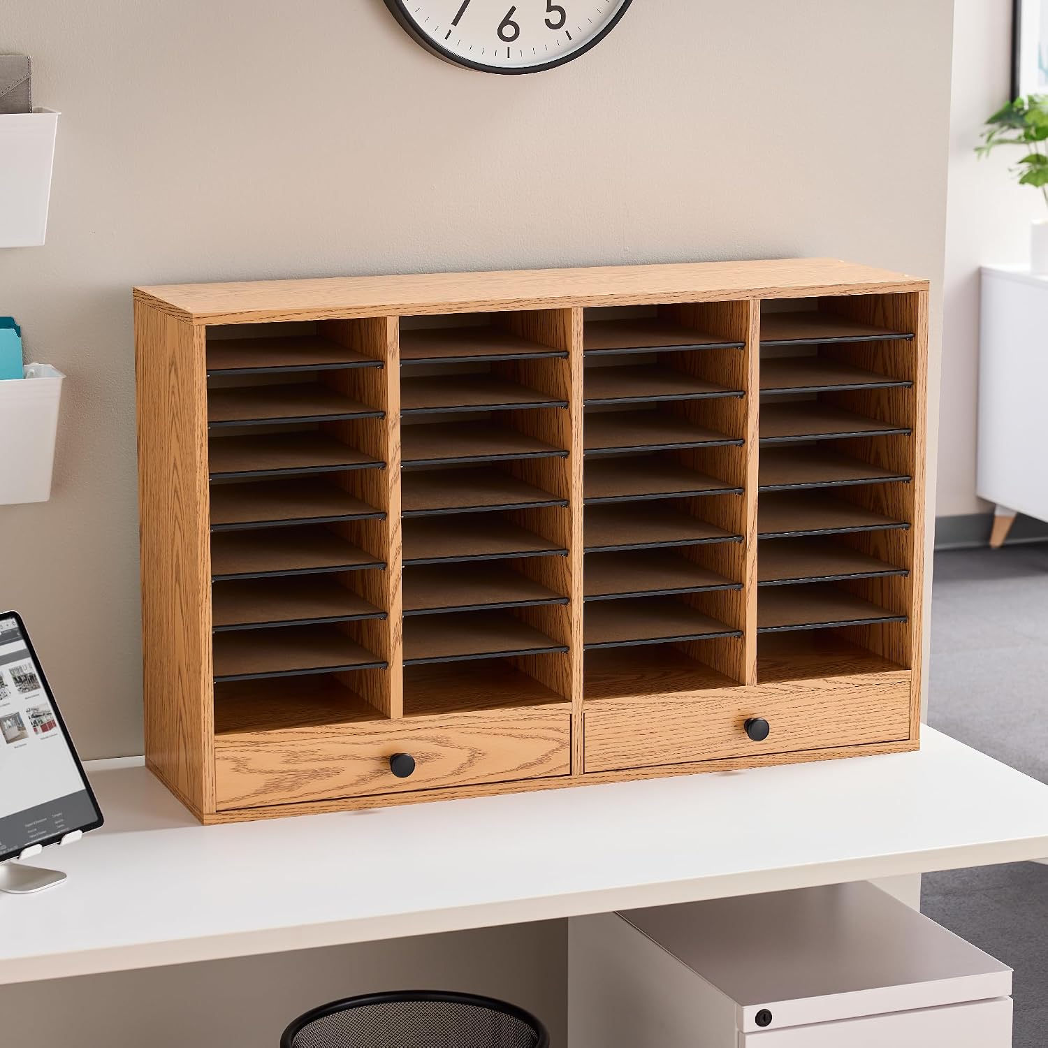 Safco Wooden Paper and Mail Organizer for Home Office and Classroom, Adjustable Shelves and Stackable, 12 Compartments with Drawers, Modern Gray