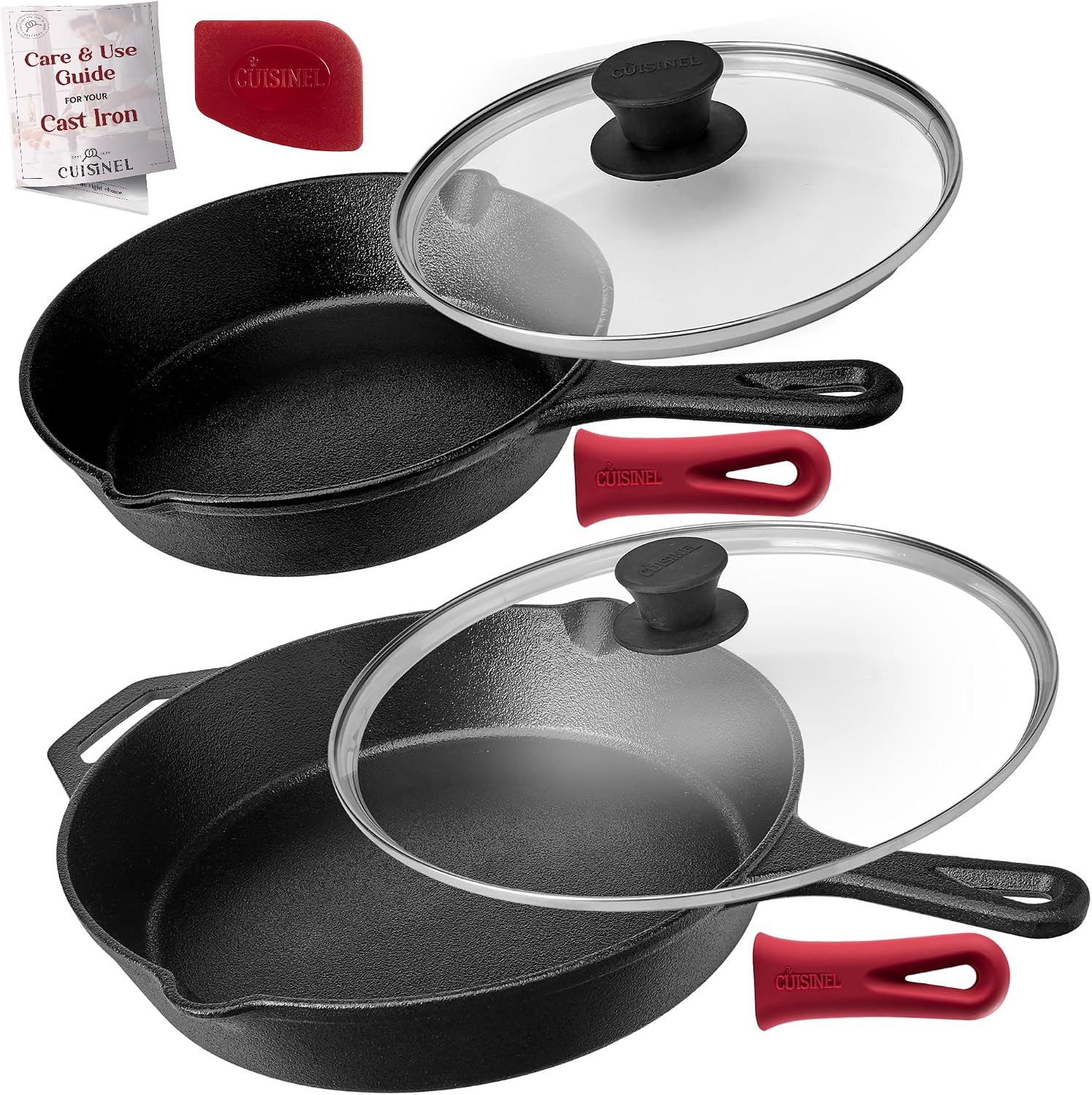 Cuisinel Cast Iron Skillet with Lid - 10"-Inch Pre-Seasoned Frying Pan + Glass Cover + Heat-Resistant Handle Holder - Indoor/Outdoor Use - Grill, Stove, Camp Firepit, Induction - Oven Safe Cookware