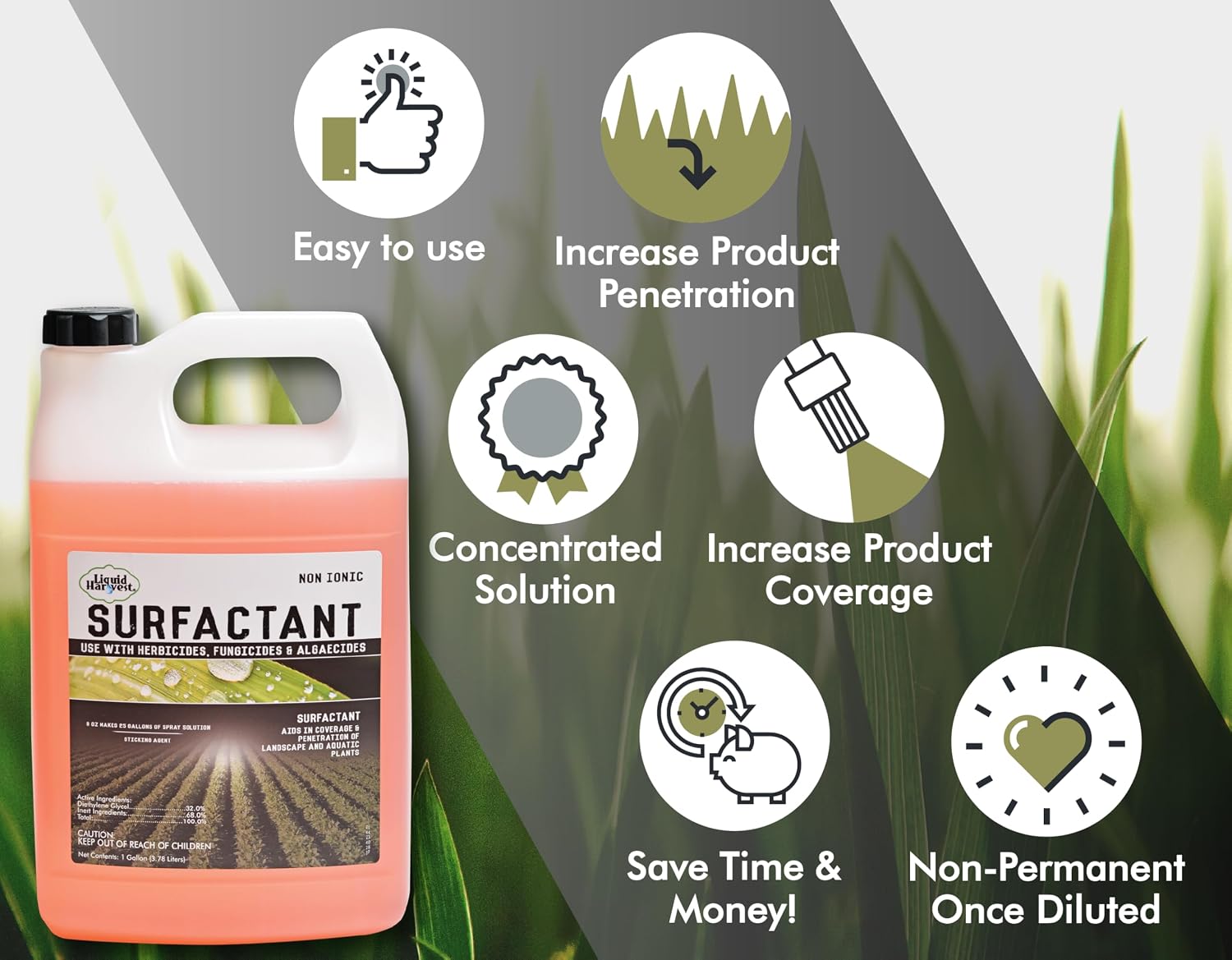 Liquid Harvest Concentrated Surfactant for Herbicides Non-Ionic Gallon (128oz), Increase Product Coverage, Increase Product Penetration