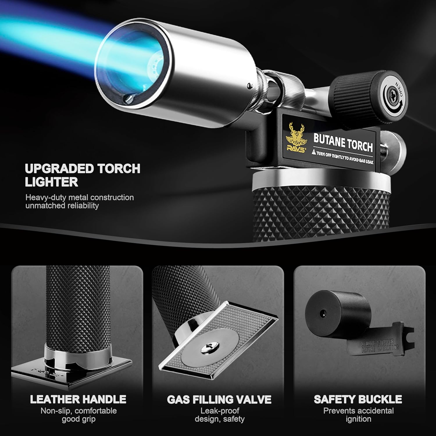 RAVS Butane Torch Lighter, Premium Metal Kitchen Torch with Adjustable Flame & Safety Buckle, Refillable Creme Brulee Torch for Baking, BBQ, DIY