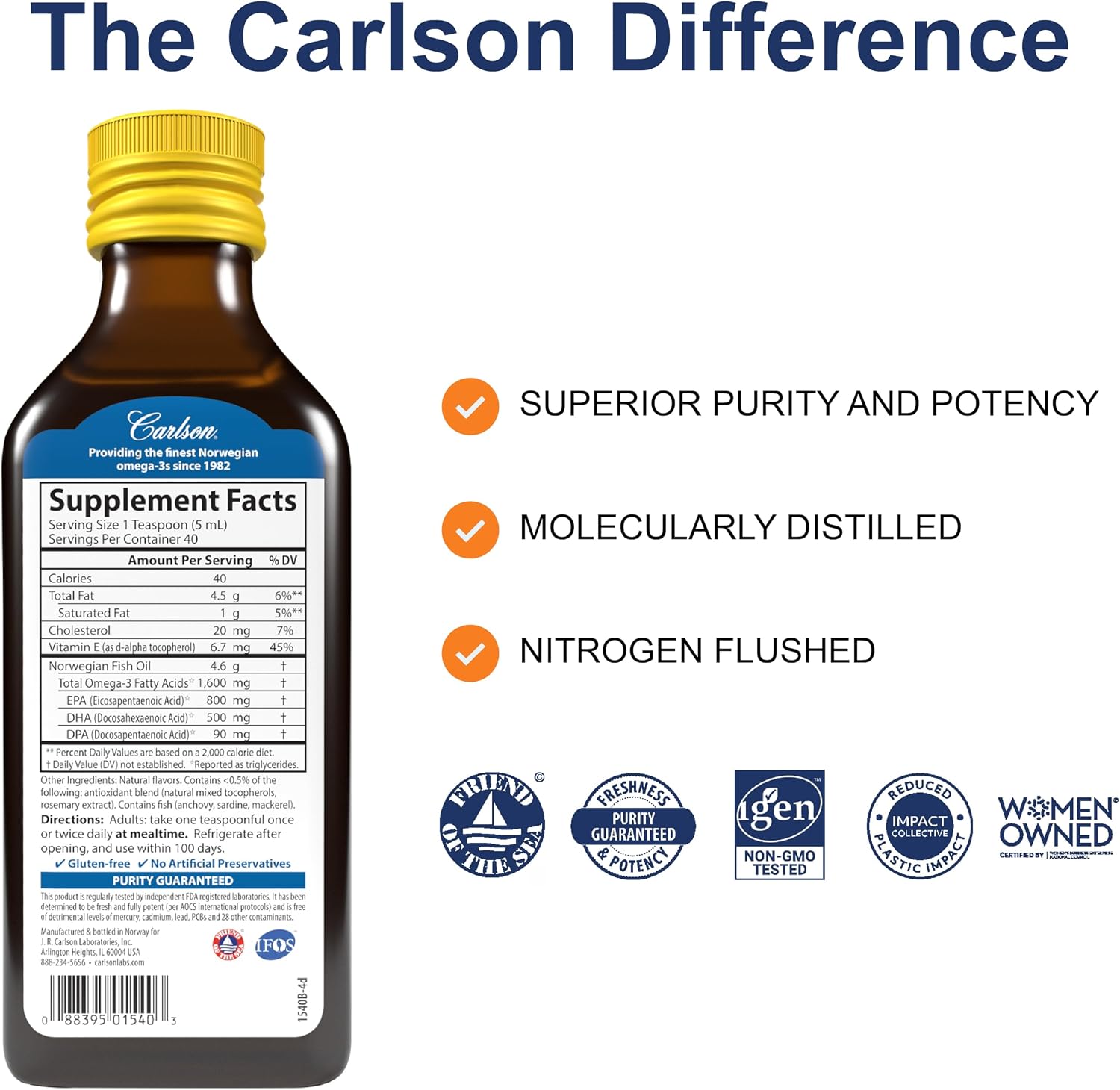 Carlson The Very Finest Fish Oil, 1600 mg, Omega-3s, 200 mL (6.7 Fl Oz) | Lemon; Liquid Fish Oil Supplement; Norwegian Fish Oil; Wild Caught; Sustainably Sourced Fish Oil Liquid