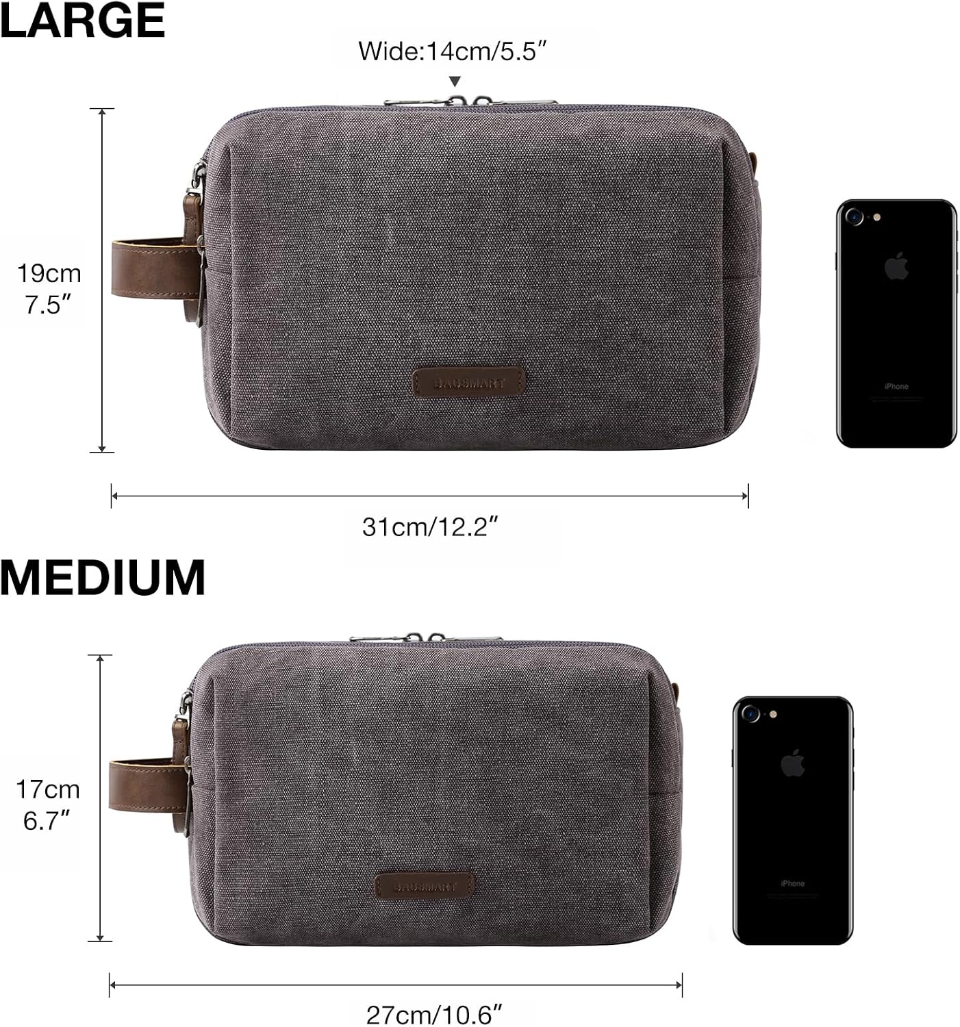 BAGSMART Toiletry Bag for Men, Canvas Travel Toiletry Organizer Dopp Kit Water-resistant Shaving Bag for Toiletries Accessories,Grey-Medium