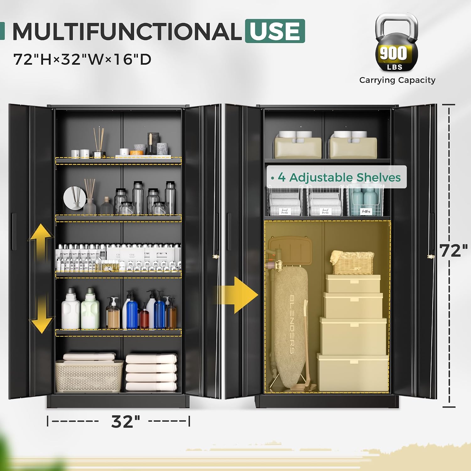 Greenvelly Steel SnapIt Storage Cabinet, 72" Locking Metal Garage Storage Cabinet with 4 Adjustable Shelves, 2 Doors and Lock for File, Office, Garage