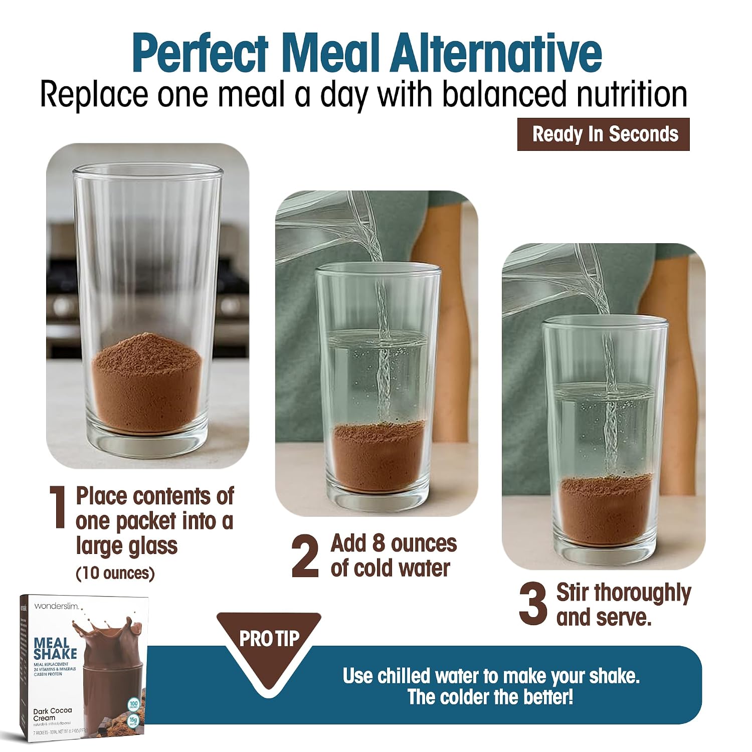 WonderSlim Protein Meal Replacement Shake – 15g Protein, 24 Vitamins & Minerals, Low Carb, Low Calorie, Gluten Free – Meal Replacement Drink for Weight Management, 7 Count Packets (Dark Cocoa Cream)