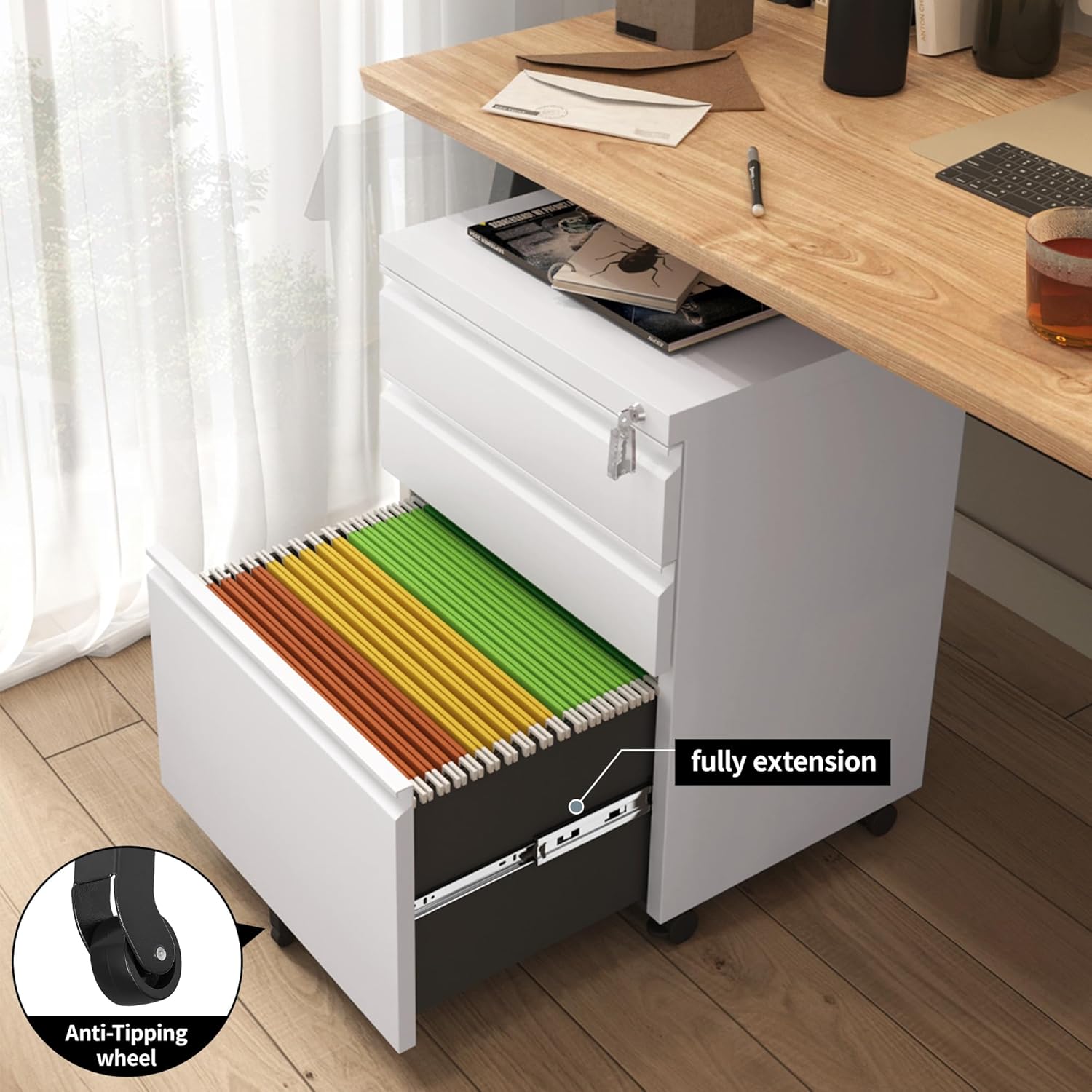 Approgreent Mobile File Cabinet for Home Office, Lockable 3 Drawer Filing Cabinet with Wheels for A4-Size/Letter-Size/Legal-Size