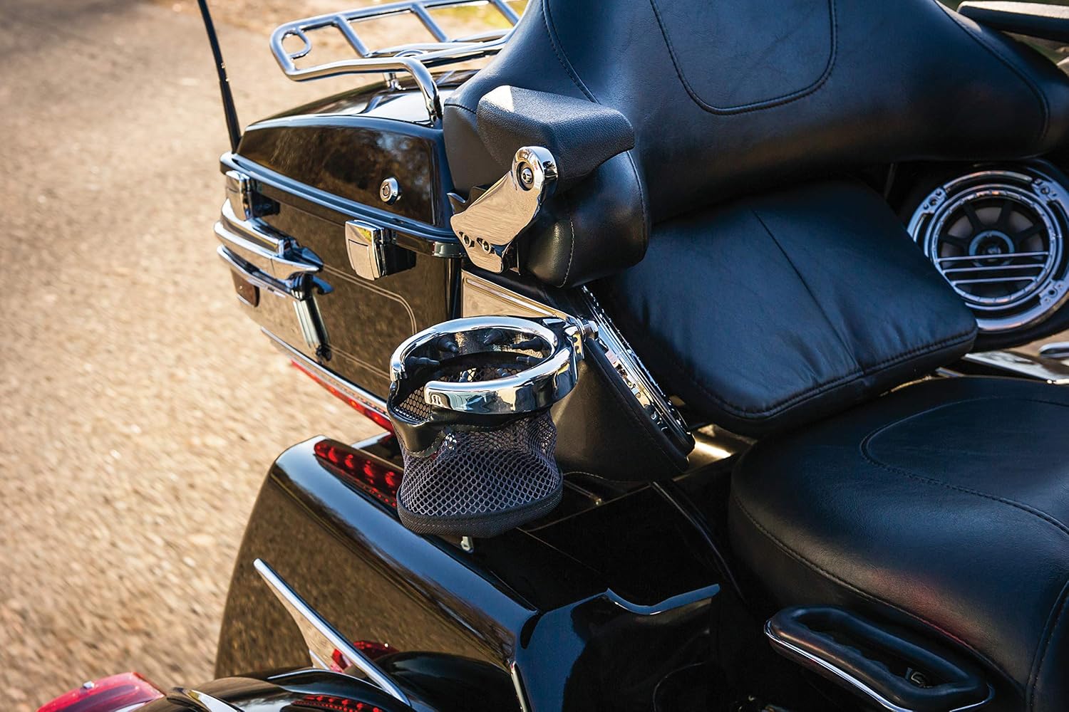 Kuryakyn 1482 Motorcycle Accessory: Passenger Drink/Cup Holder with Mesh Basket for 1998-2013 Harley-Davidson Motorcycles, Right Side, Chrome