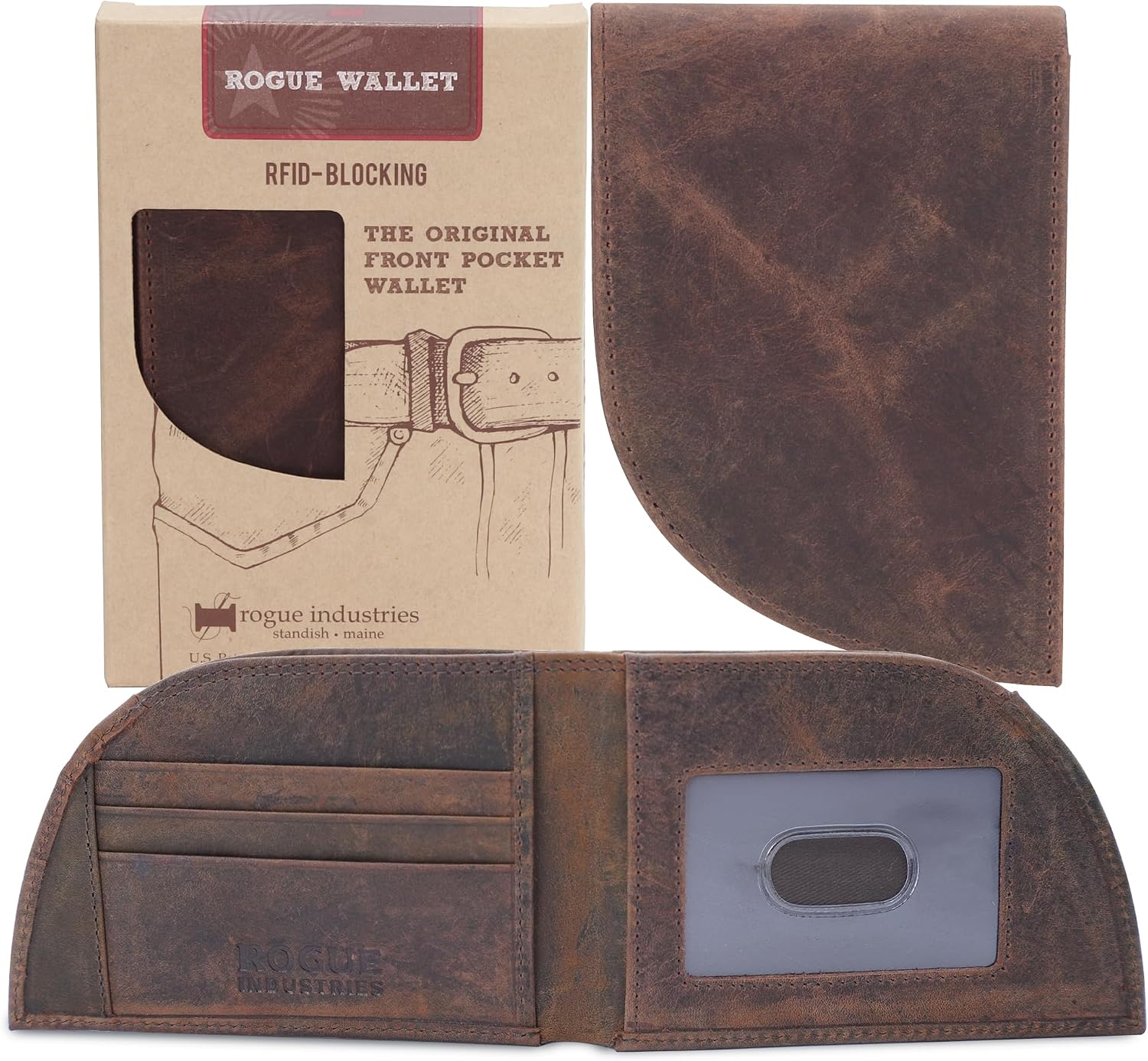 Genuine Bison Leather Wallet for Men, RFID Slim, Brown | Genuine bison leather wallet for men with RFID blocking and curved front pocket fit. Rugged slim everyday carry, brown.