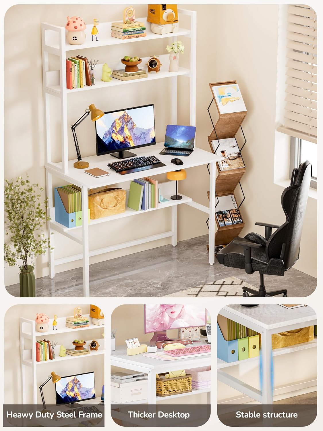 Aquzee Computer Desk with Shelves, 47" W x 23.6" D Gaming Desk with Hutch and Bookshelf