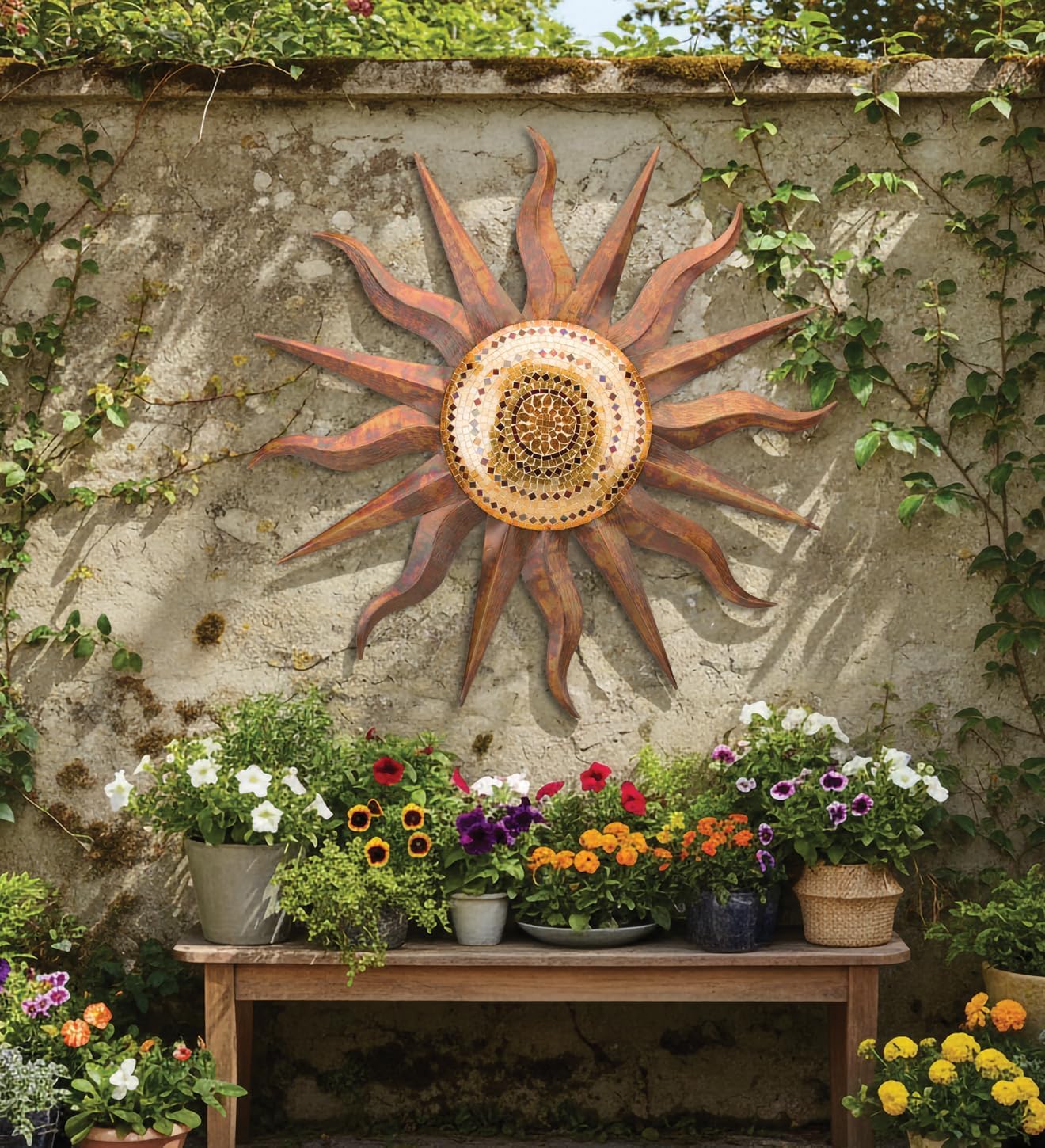 Regal Art & Gift Handcrafted Metal Sun Wall Decor, Rustic Sunburst Wall Art | Copper Patina, 40 in, Metal, Rust-Resistant Sunburst Sculpture, Eye-Catching Accent for Patio, Garden & Home
