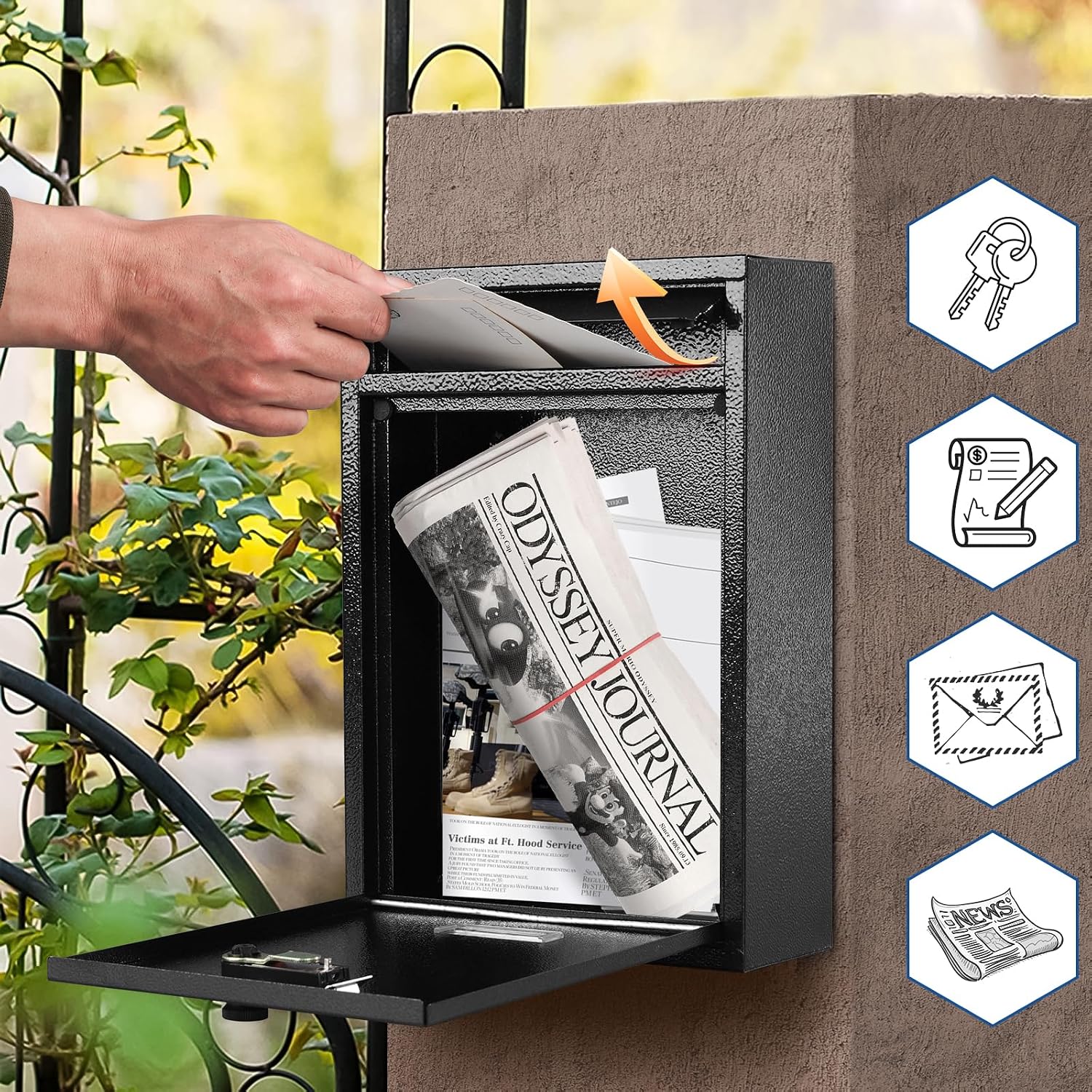 KYODOLED Mailbox for Outside, Wall Mount Locking Mailbox, Security Drop Box with Key Lock for Letters, Cash, Cards, Steel Mail Box for House Office School, 12.4H x 8.54L x 3.35W Inches, Black