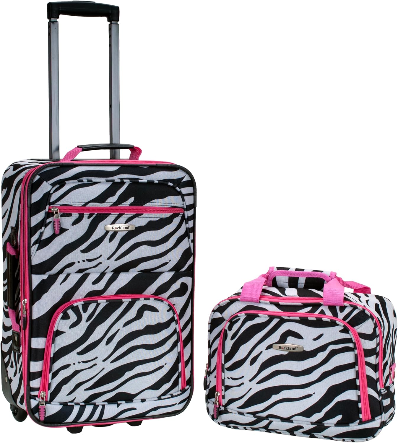 Rockland Fashion Softside Upright Luggage Set,Expandable, Telescopic Handle, Wheel, Black Dot, 2-Piece (14/19)