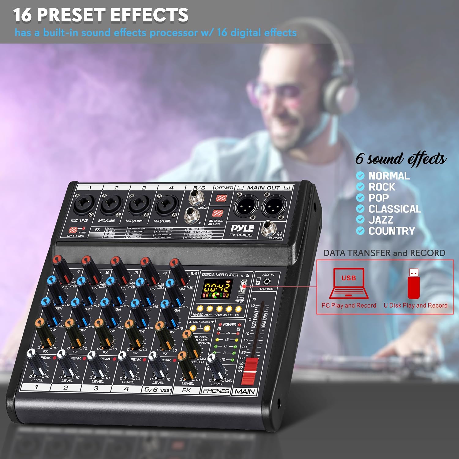 Pyle Professional Bluetooth DJ Audio Mixer - 6-Channel DJ Controller Sound Mixer w/DSP 16 Preset Effects, USB Interface, 4 XLR Mic/Line Input, AUX