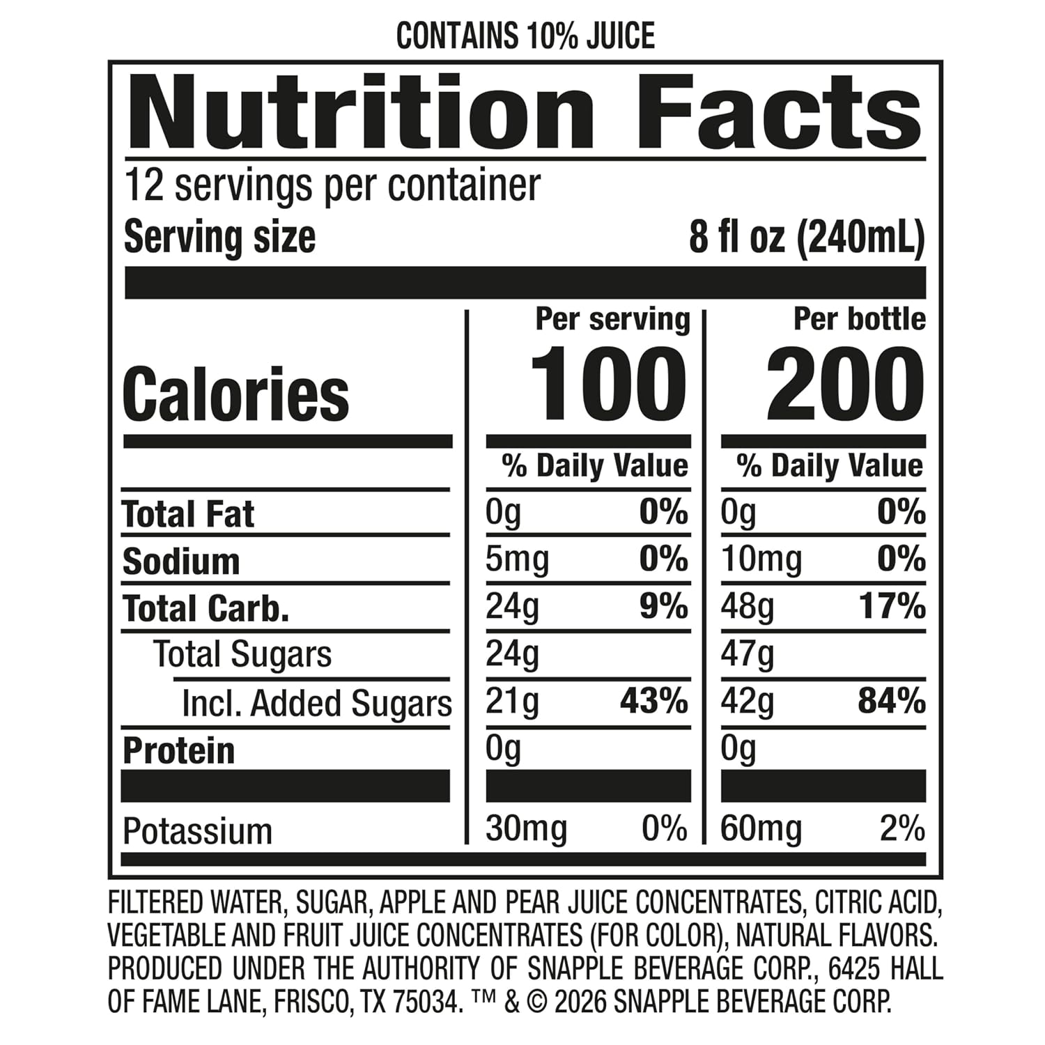 Snapple Apple Juice Drink, 16 Fl Oz Recycled Plastic Bottle, All Natural, No Artificial Flavors Or Sweeteners, Gluten-free, Contains 10% Real Juice 12 Pack