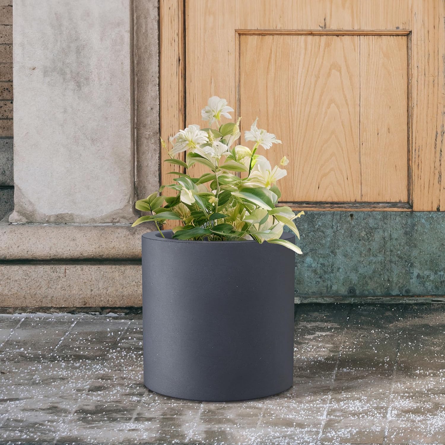 Kante Large Round Cylinder Charcoal Concrete Planter 15.8" Tall, Outdoor