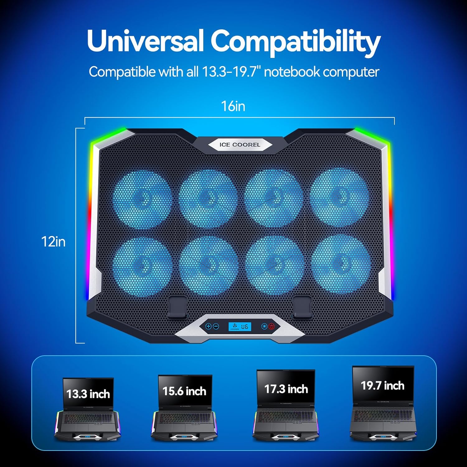 ICE COOREL Gaming Laptop Cooling Pad 15-17.3 Inch, Laptop Fan with 6 RGB Cooling Fans, Laptop Cooling Stand with 6 Height Adjustable