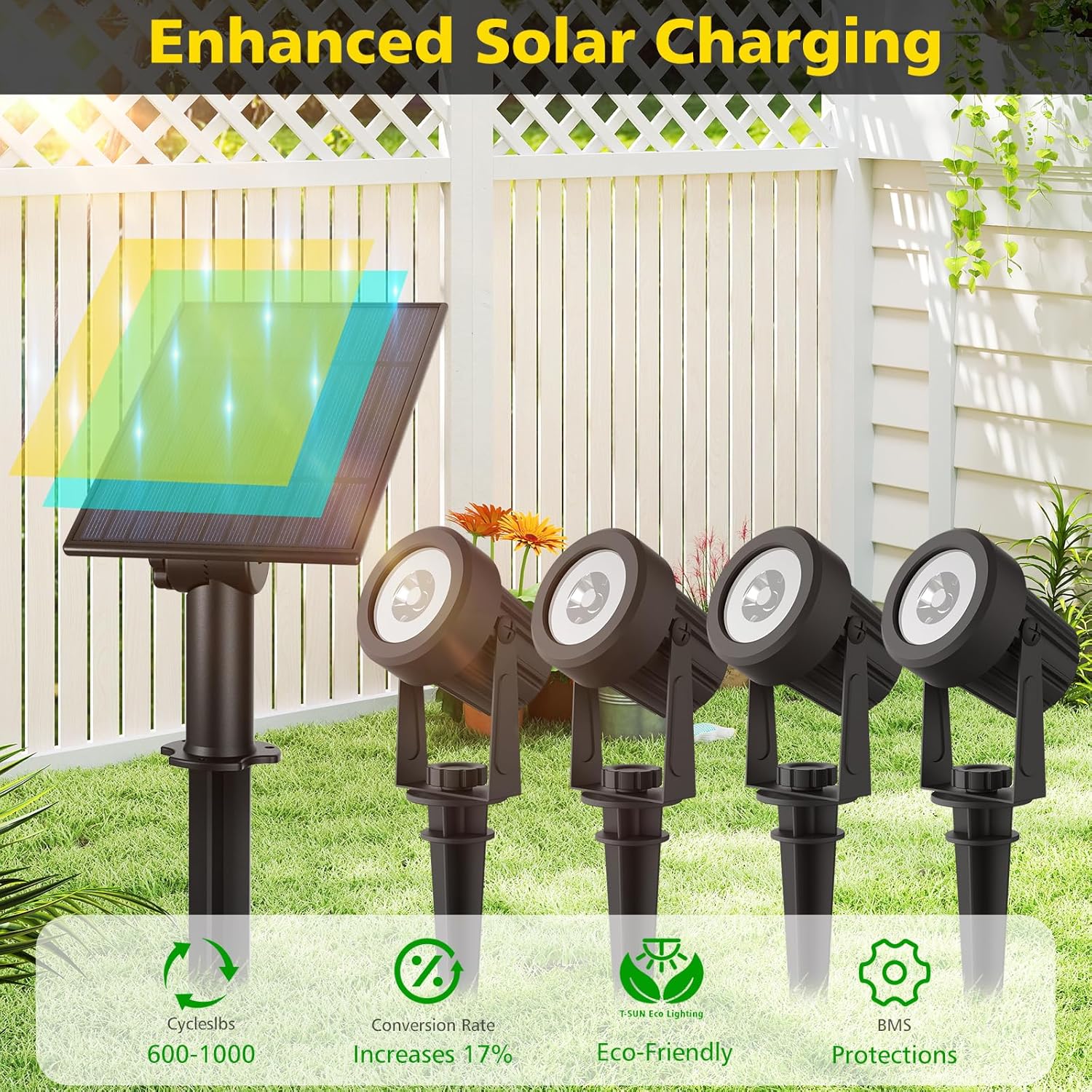 T-SUN Solar Spot Lights Outdoor, Dual Head Solar Spotlights, Cool White | IP65 Waterproof, 2 Brightness Modes, Dusk to Dawn Solar Uplights for Garden, Yard, Pathway, Patio, Lawn