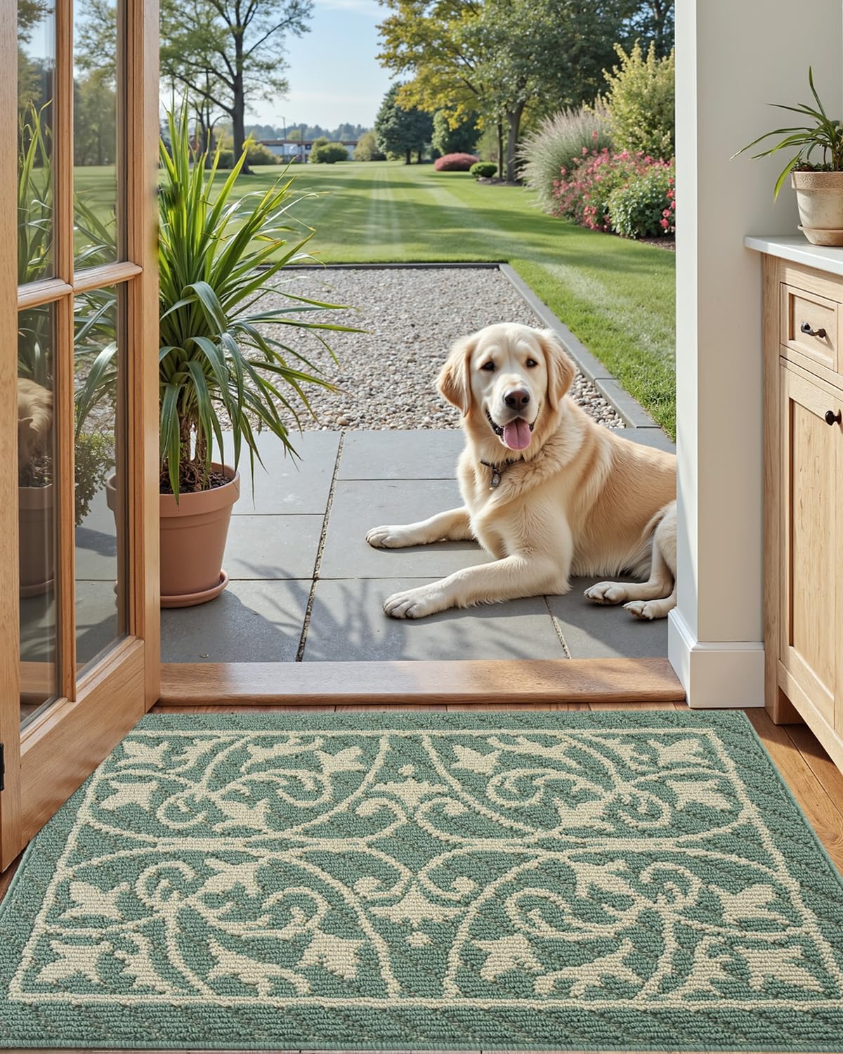 DEXI Front Door Mat Indoor Entryway 24x36 Inside Entrance Doormat Green