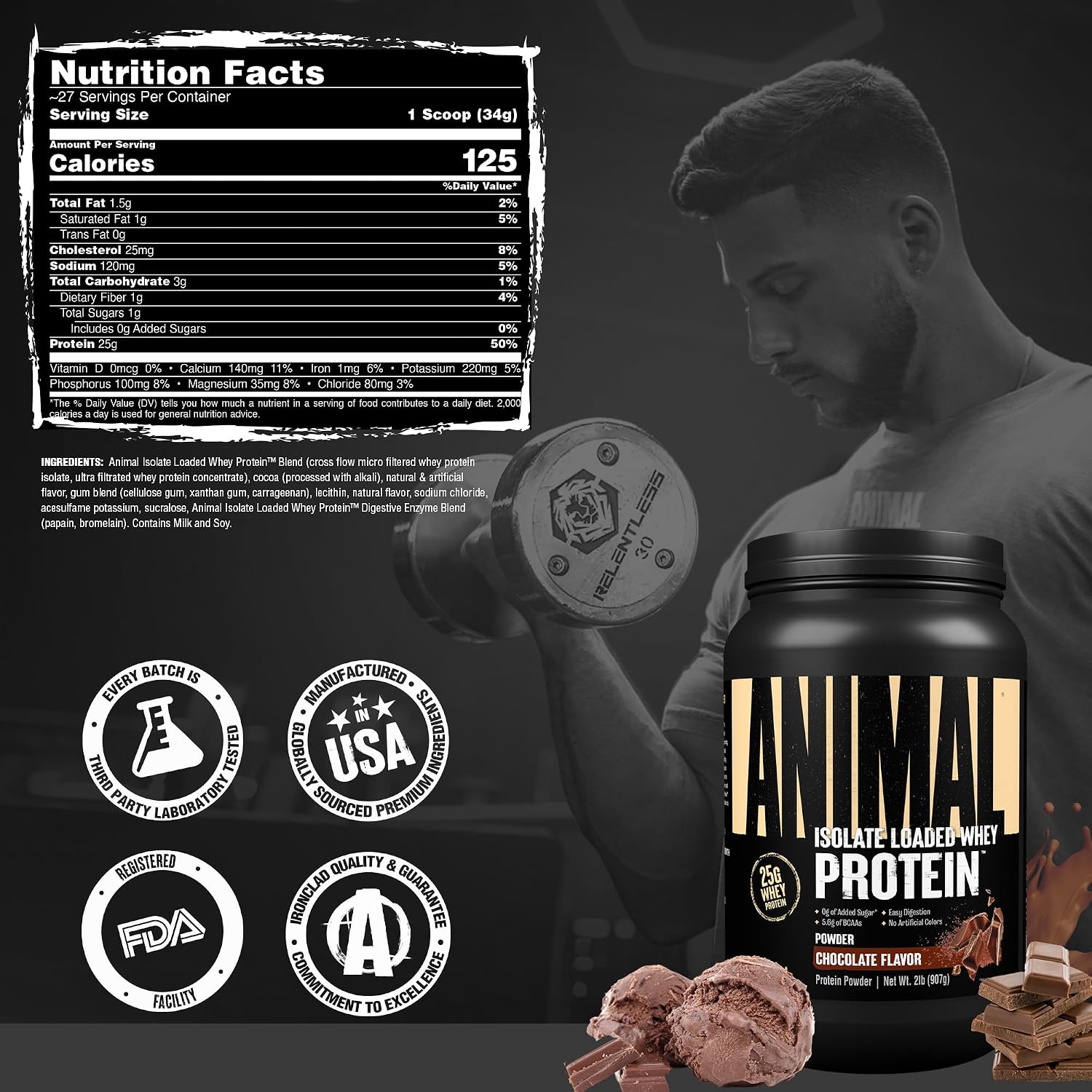 Animal Whey Isolate Protein Powder - Loaded for Pre & Post Workout Muscle Builder and Recovery with Digestive Enzymes for Men & Women - 25g Protein, Great Taste, Low Sugar - Chocolate 2 lbs