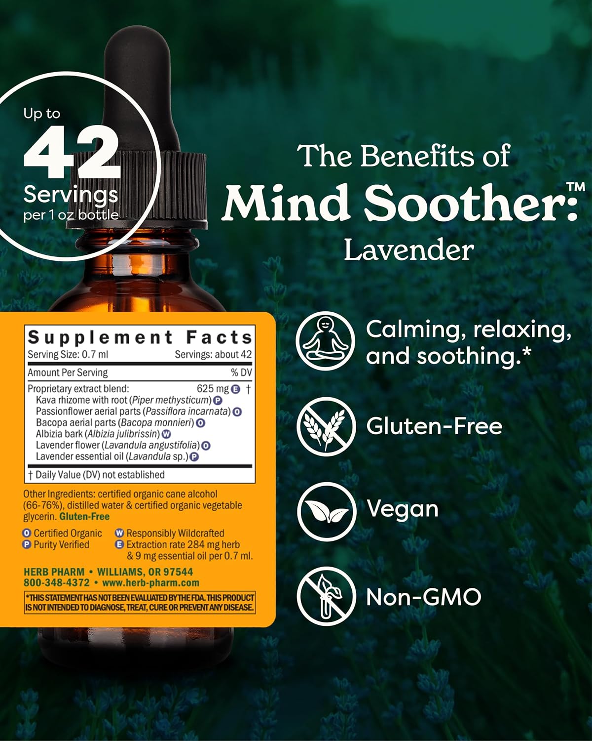 Herb Pharm Mind Soother: Lavender Liquid Herbal Formula with Noble Kava & Lavender Essential Oil for Nervous System Support, Calming & Relaxing, Vegan