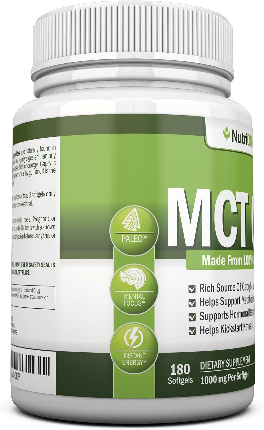 NutriONN MCT Oil - 3000mg Per Serving - 180 Softgels - Made from 100% Organic Coconuts - Non GMO, Cold Pressed