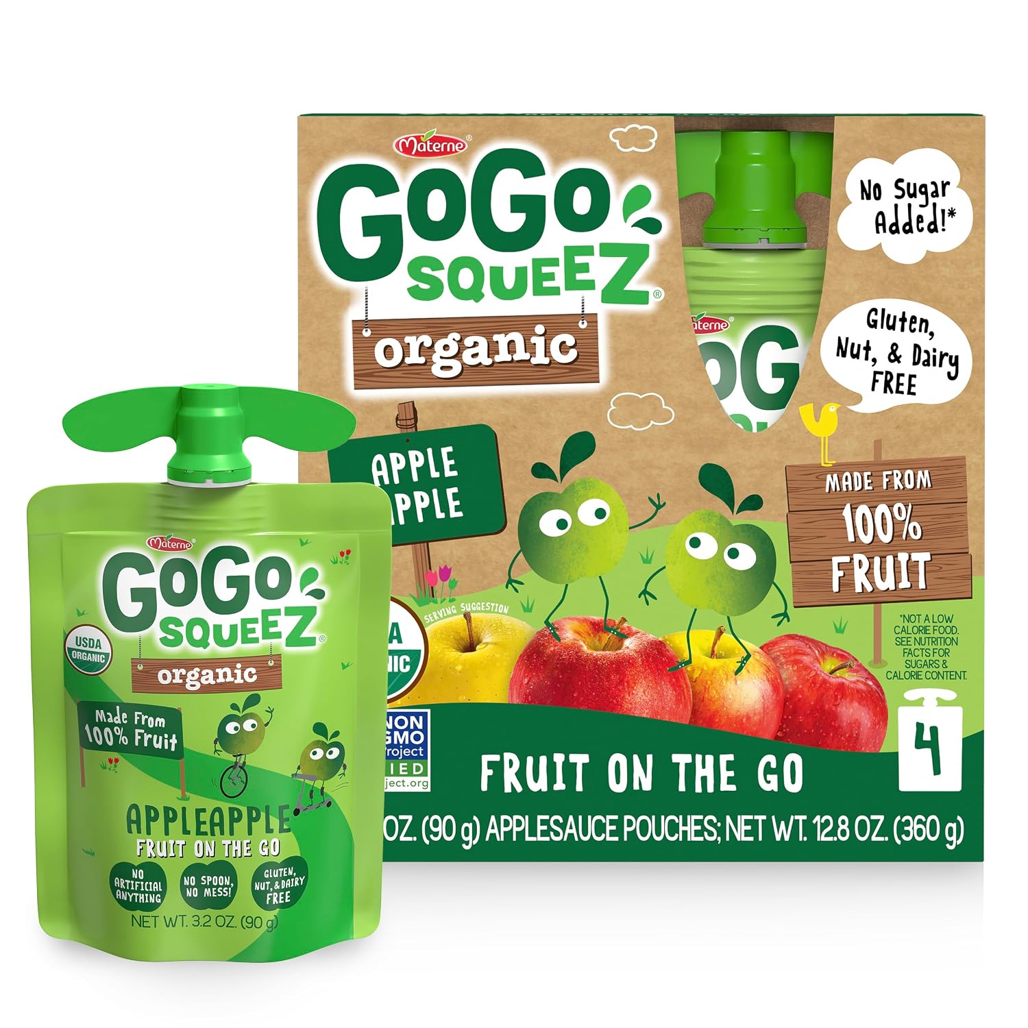 GoGo squeeZ No Sugar Added Organic Applesauce, Apple Apple, 4 Count | Kids on the go fruit snack made with applesauce & fruit puree; 3.2 oz pouches, gluten and nut free, recloseable cap, BPA-free