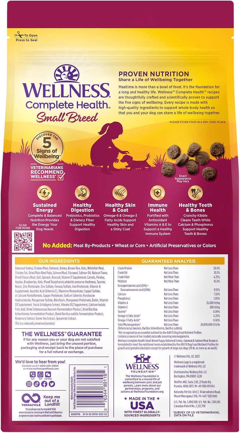 Wellness Complete Health Small Breed Adult Dry Dog Food, Wholesome Grain Kibble, Natural, Turkey and Oatmeal Recipe, 4 lb Bag