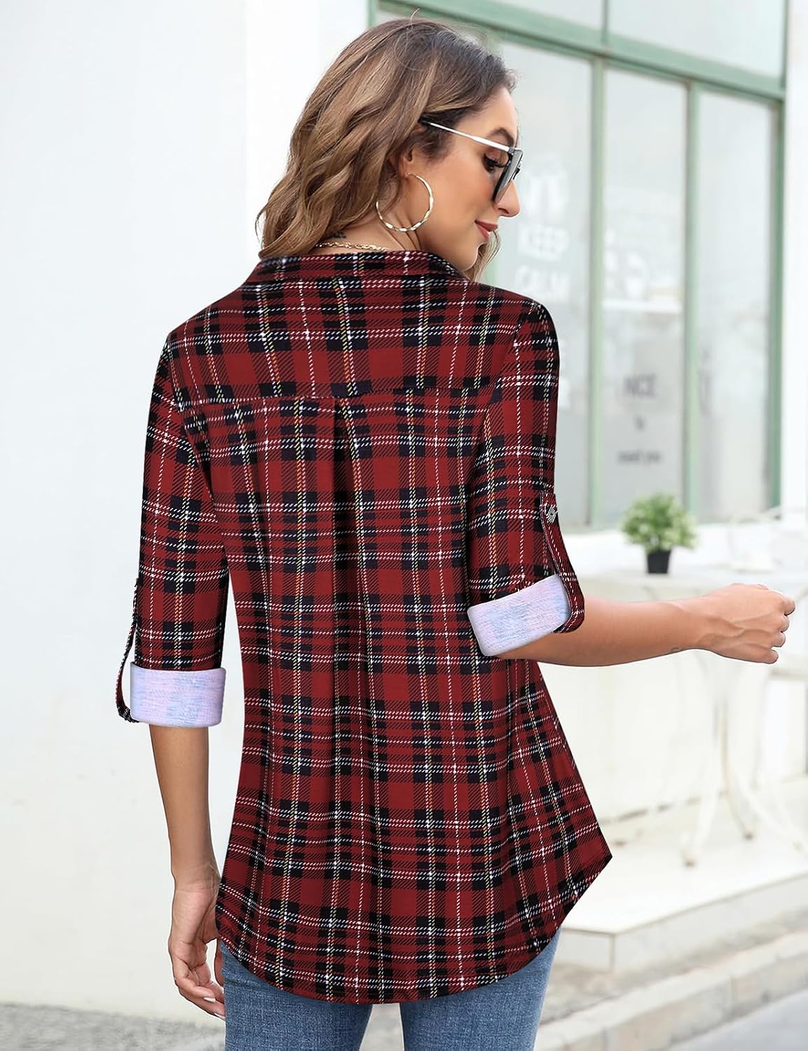 Tanst Sky Womens Casual Long Sleeve Zipped V Neck Plaid Tunic Blouses