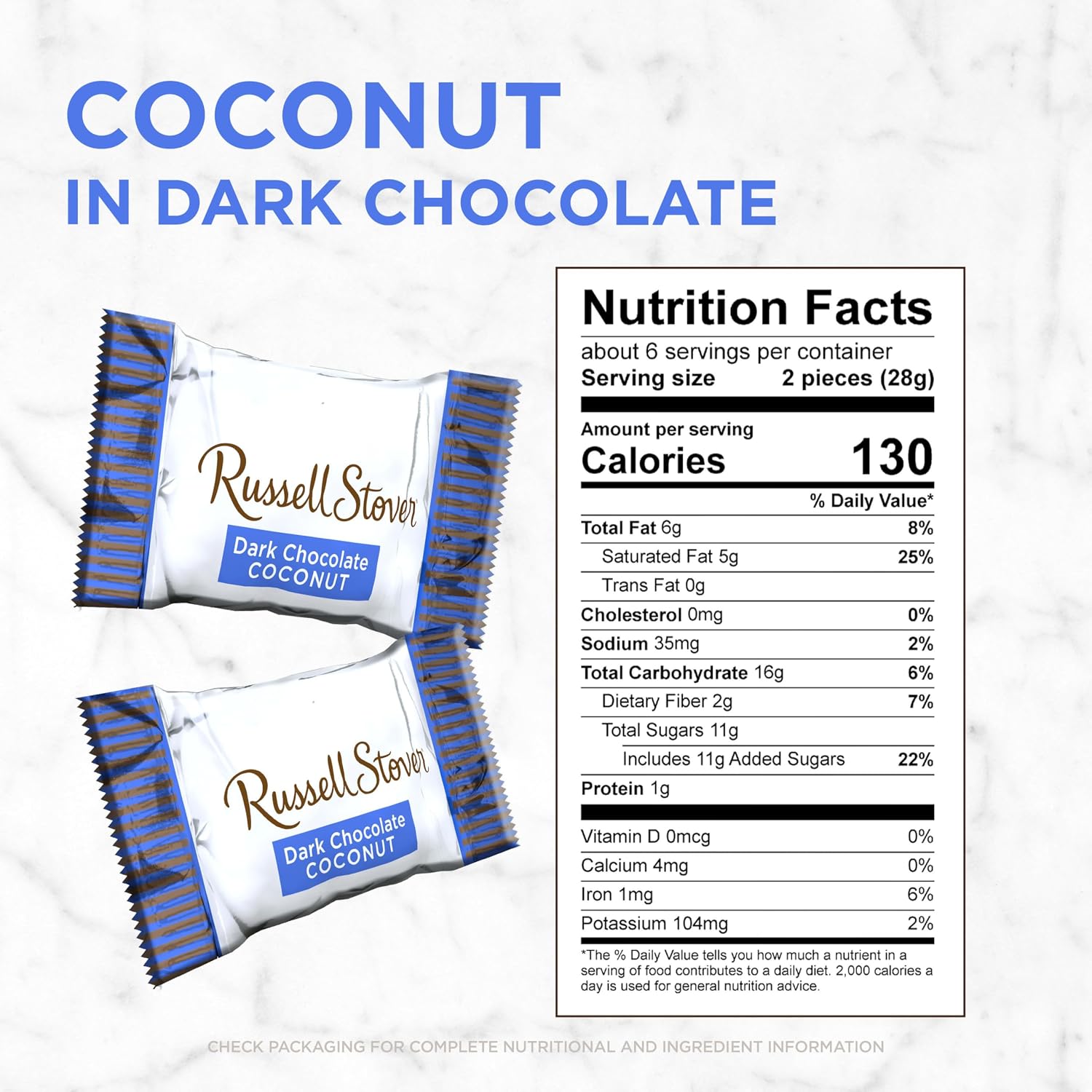 Russell Stover Dark Chocolate Coconut Mini Gusset Bag 6 Ounce Russell Stover Chocolate Coconut Chocolate Candy Bag; Sweet Coconut Covered in Rich Chocolate Candy, Individually Wrapped
