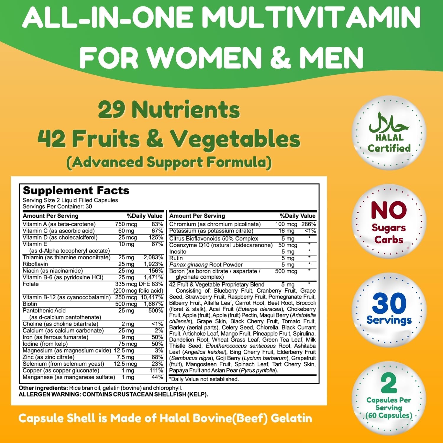 SHIFAA NUTRITION Halal Multivitamins for Women, Men & Adults, 30 Servings | Iron, Vitamin A, B6, B12, Biotin, Niacin, C, D3, E, Zinc, Calcium