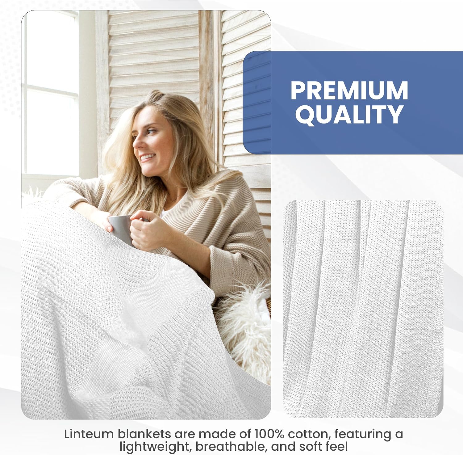 Linteum 100% Cotton Open-Cell Leno Weave Blanket — Breathable All Season — Queen 90x90 — Ice Grey