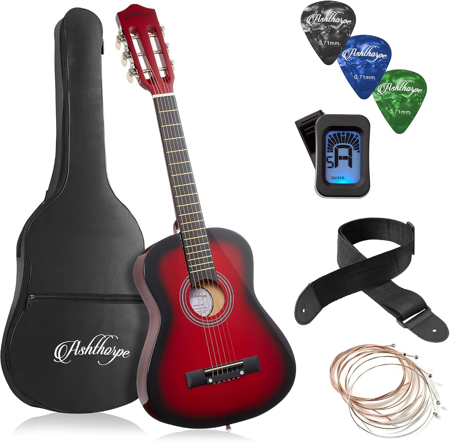 Ashthorpe 38-inch Beginner Acoustic Guitar (Red), Starter Kit with Gig Bag, Extra Strings, Strap, Picks, and Lessons
