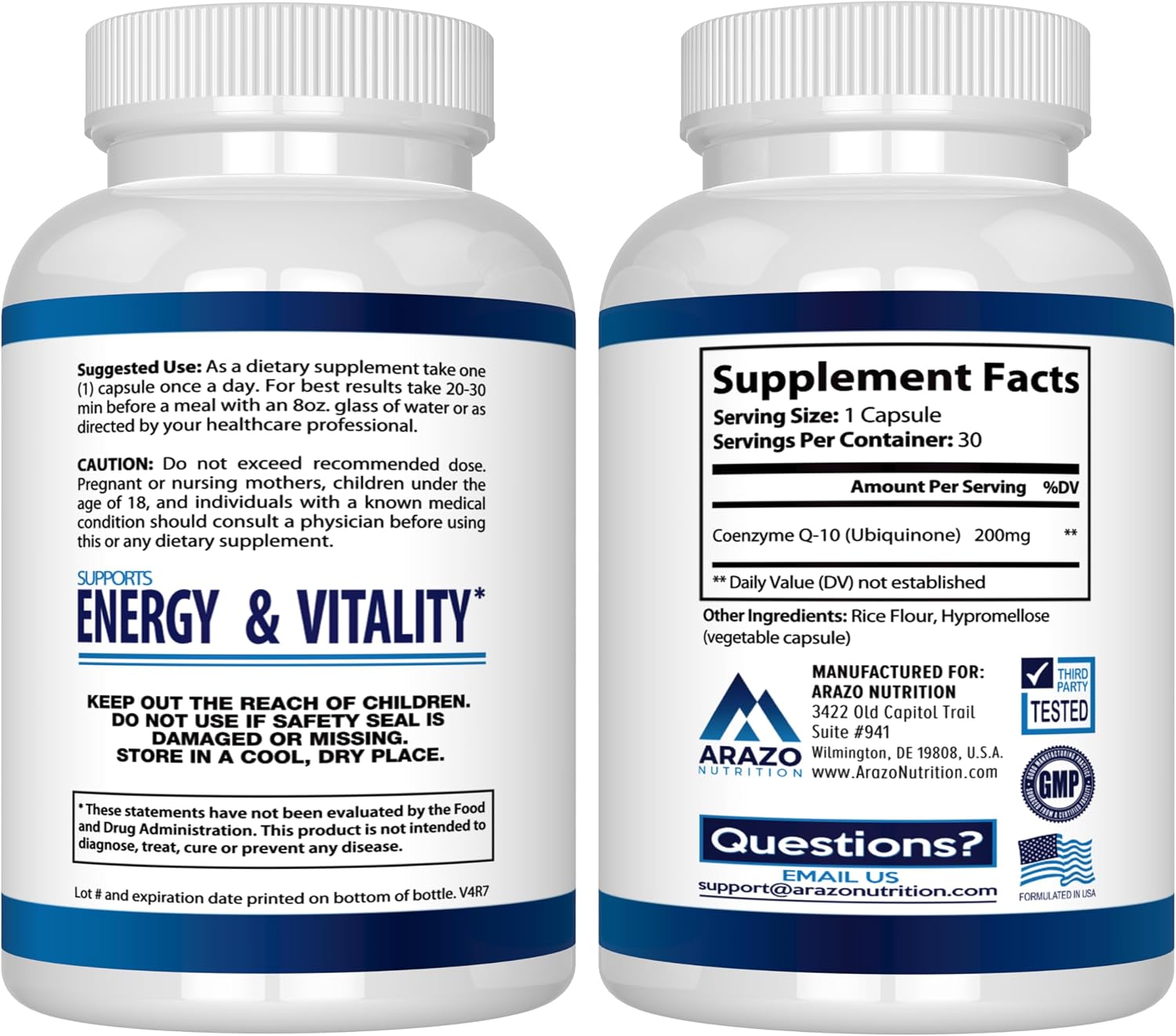 Arazo Nutrition CoQ10 Ubiquinone Coenzyme Q10-200mg Per Serving Maximum Strength Nutritional Supplement - High Absorption Capsules with No Soy