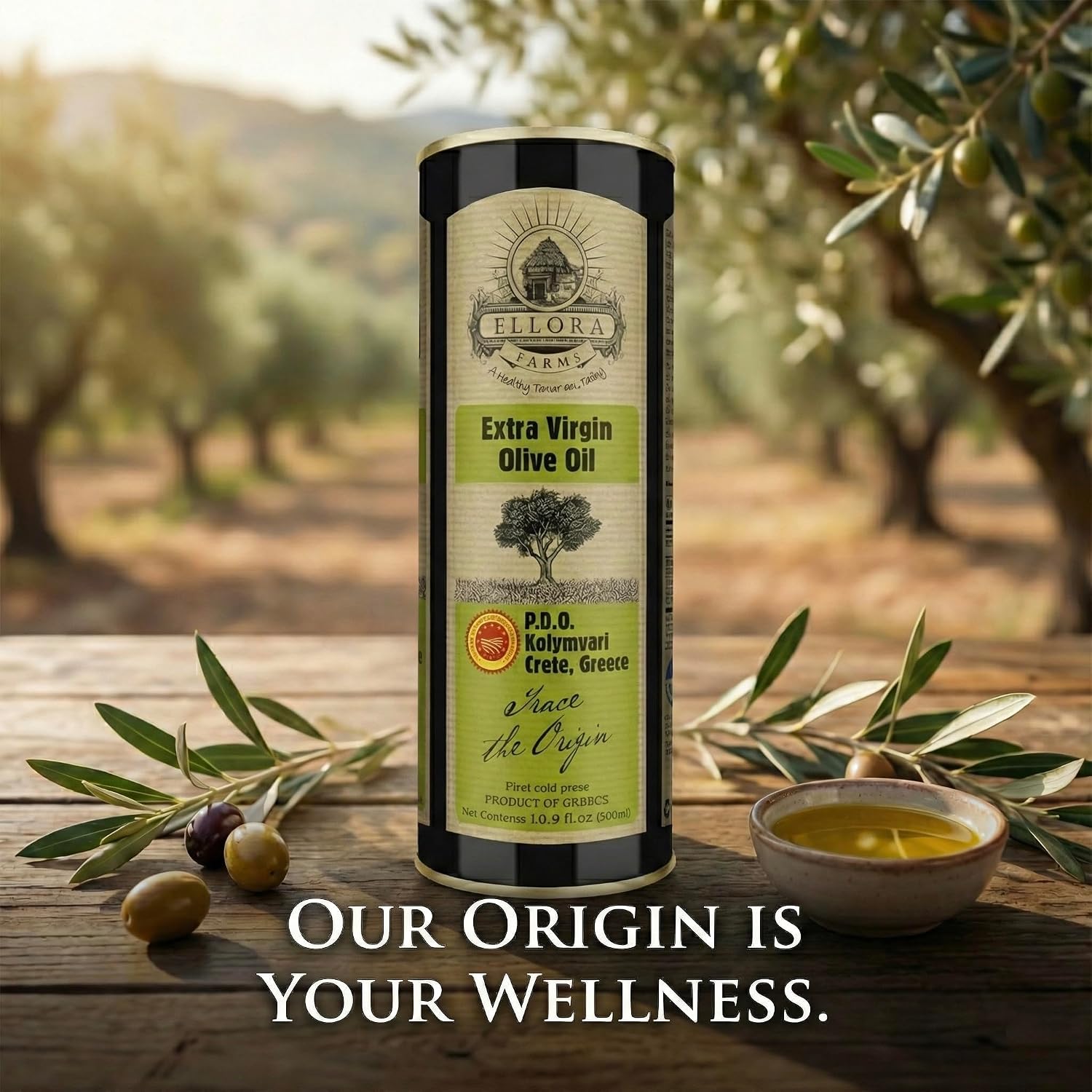Ellora Farms, Extra Virgin Olive Oil, Single Estate PDO Crete, Greece, Traceable and High Polyphenol Olive oil, Kosher, 17 oz. Tin, Pack of 2