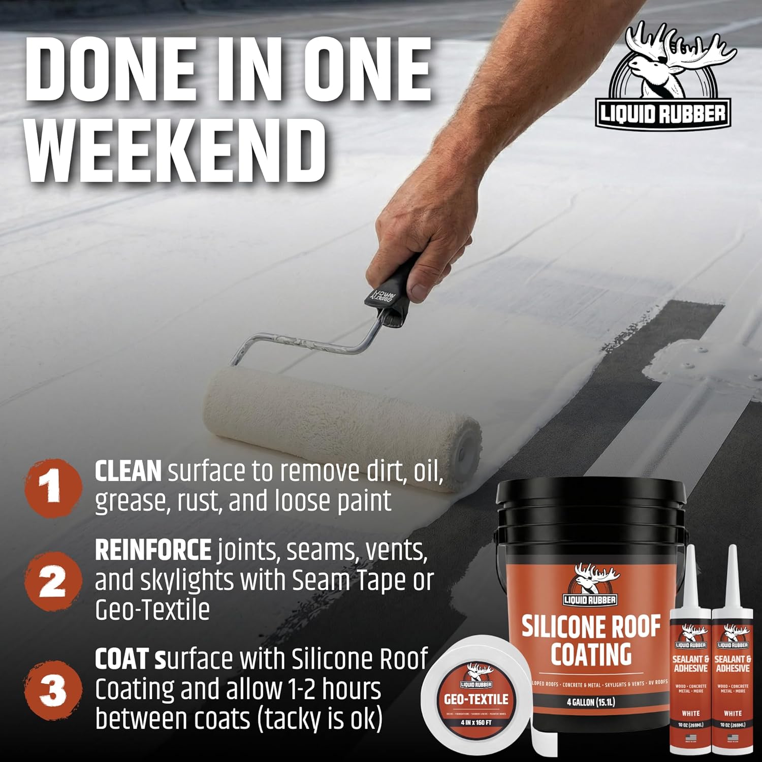 Liquid Rubber Silicone Roof Coating UV-Reflective Coating, White, 4 Gallon | Solar Reflective, One-Coat Sealant for Flat, Low-Slope, Metal, Concrete, EPDM and TPO Roofs. No Primer Needed Except EPDM/TPO