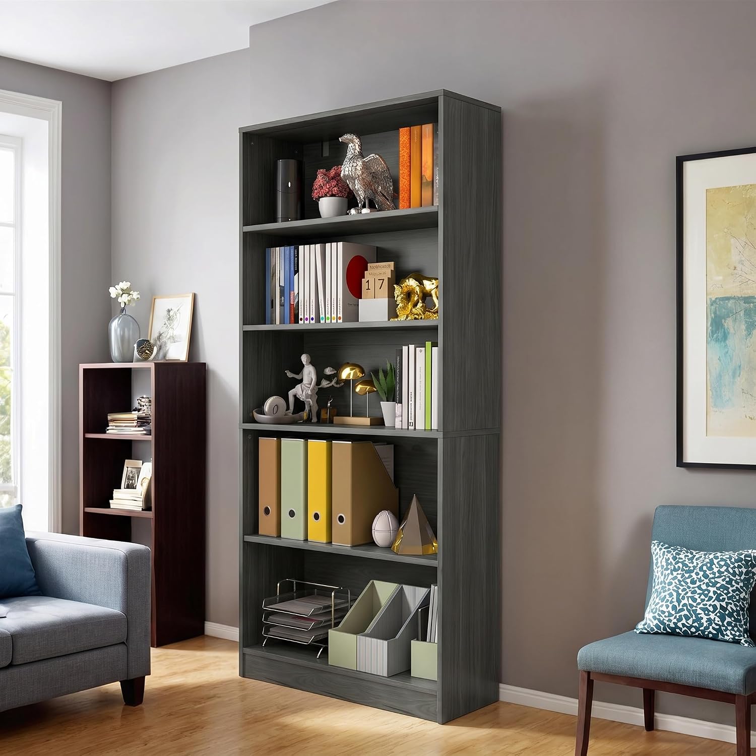 holzart 71" Tall Book Shelf, 5 Tier Large Bookshelf, Standing Wood Display Book Shelf for Living Room, Office, Library with Doors, 31.5" W x 70.87" H x 11.81" D, White