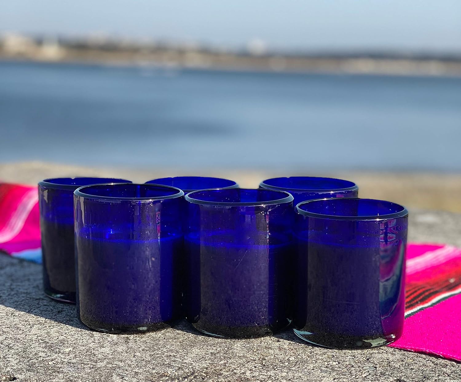 Hand Blown Mexican Drinking Glasses - Set of 6 Cobalt Tumbler Glasses (10 oz each)