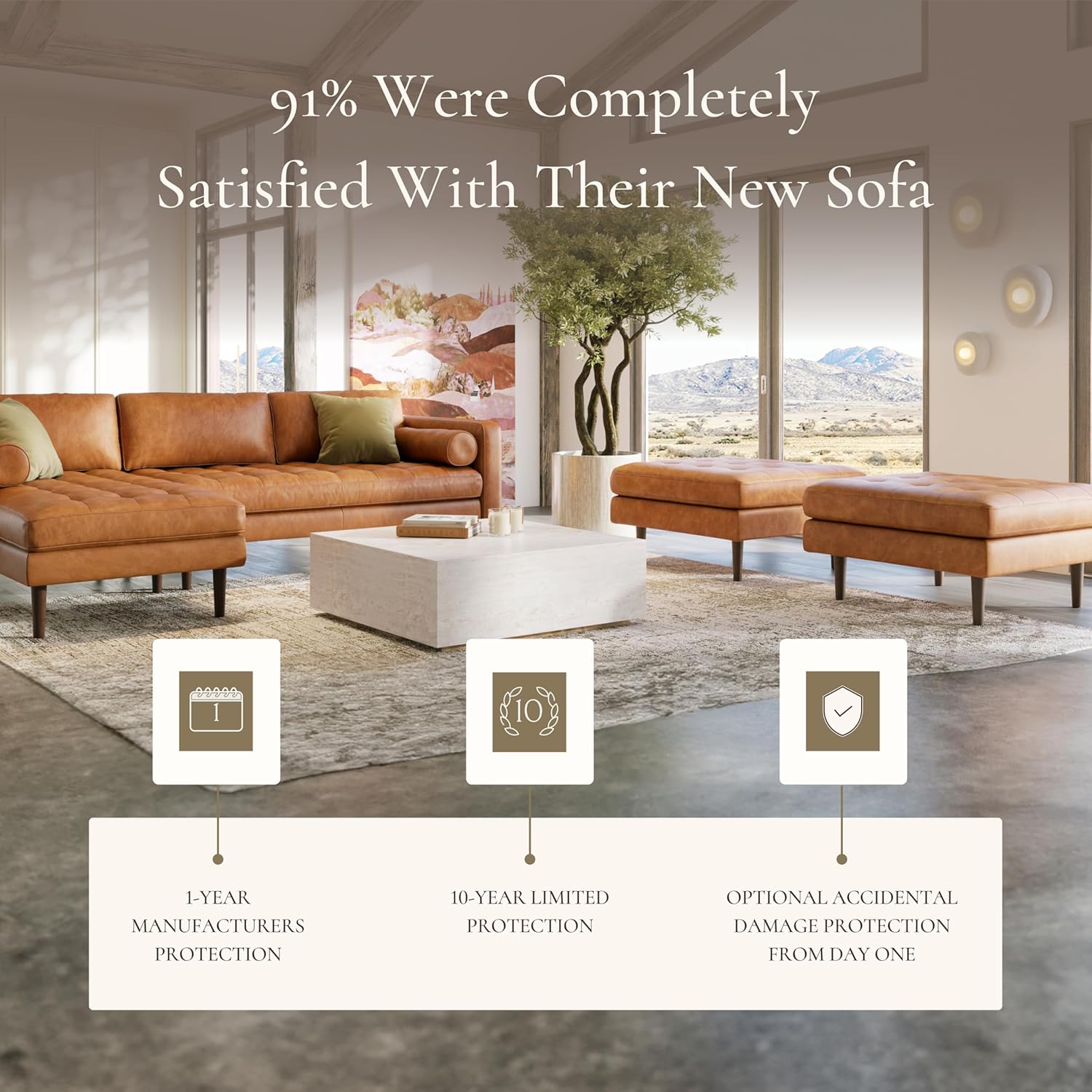 Poly & BARK 55" Tufted Leather Bed Bench for Bedroom End of Bed - Living Room Entry Way Bench - Pure Italian Leather Upholstery with a Solid Wood Frame - Ottoman Bench with Wooden Legs - Cognac Tan