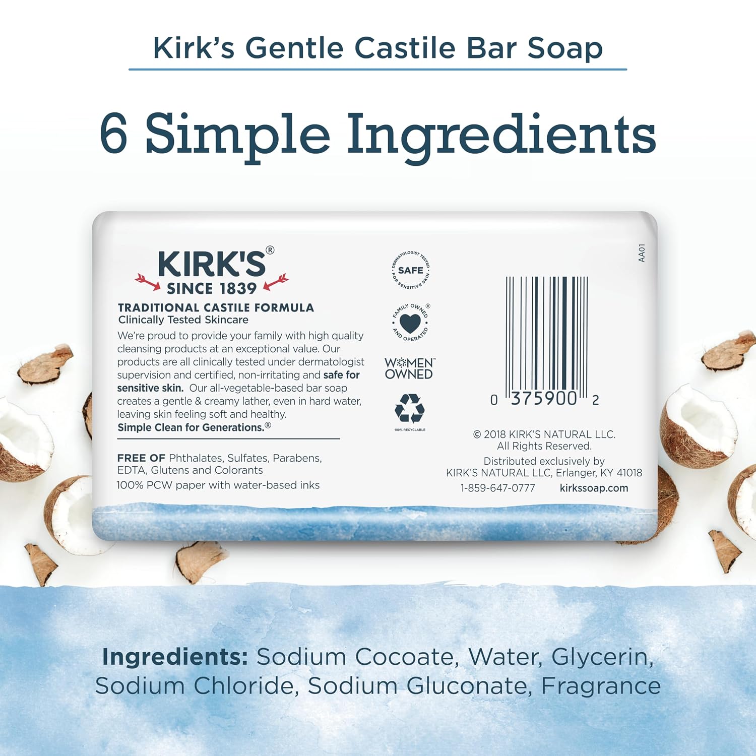 Kirk's Original Coco Castile Bar Soap Fragrance Free 4 Ounces (8 Pack)
