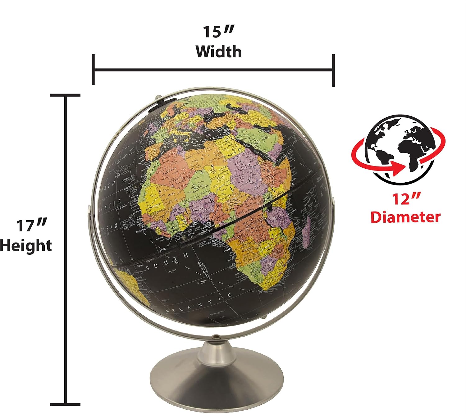 Replogle Starlight, Black Ocean World Globe, Desktop Piece, Gyro-matic meridian, Silver base, Detailed Cartography