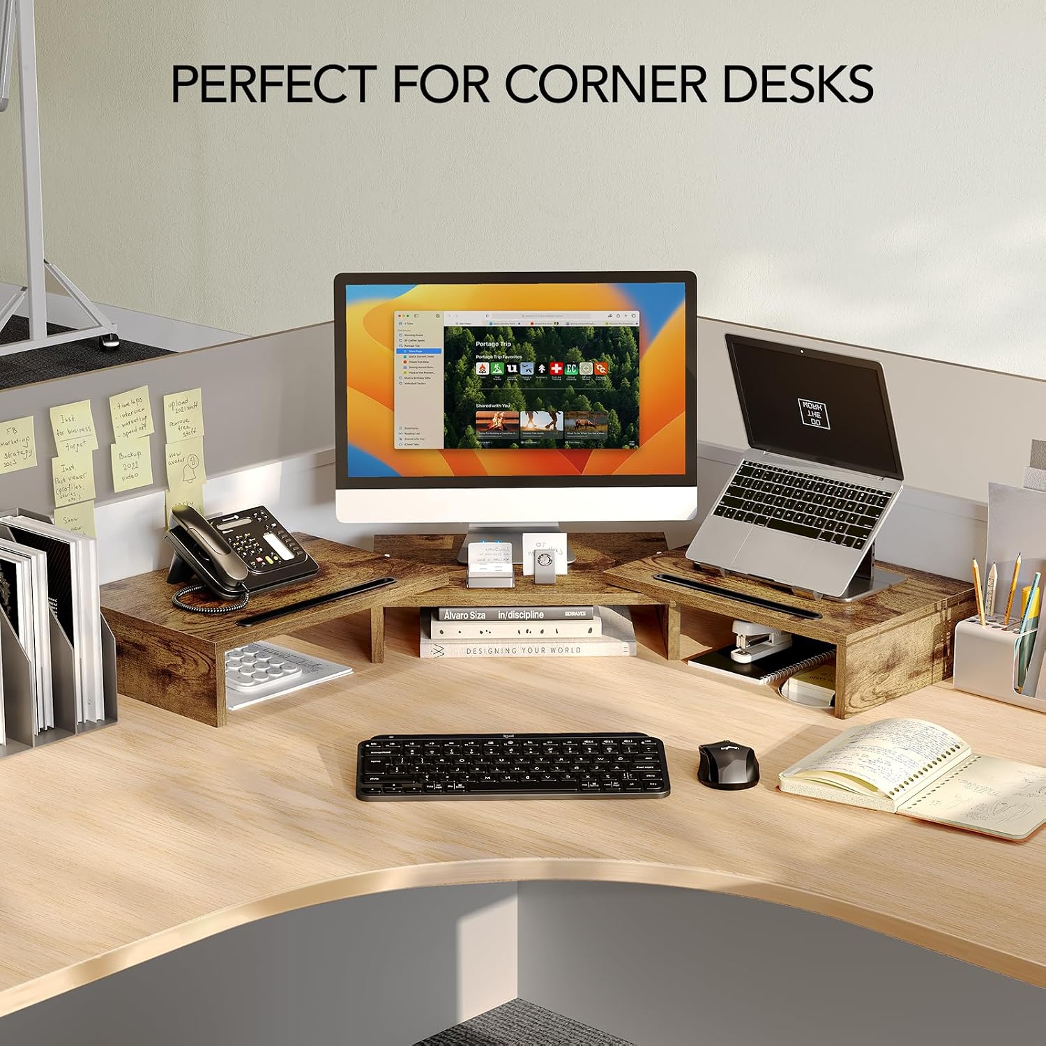 AMERIERGO Dual Monitor Stand Riser- 3 Shelf Screen Stand with Adjustable Length and Angle, 2 Extra Functional Slot Desktop Organizer Stand for PC