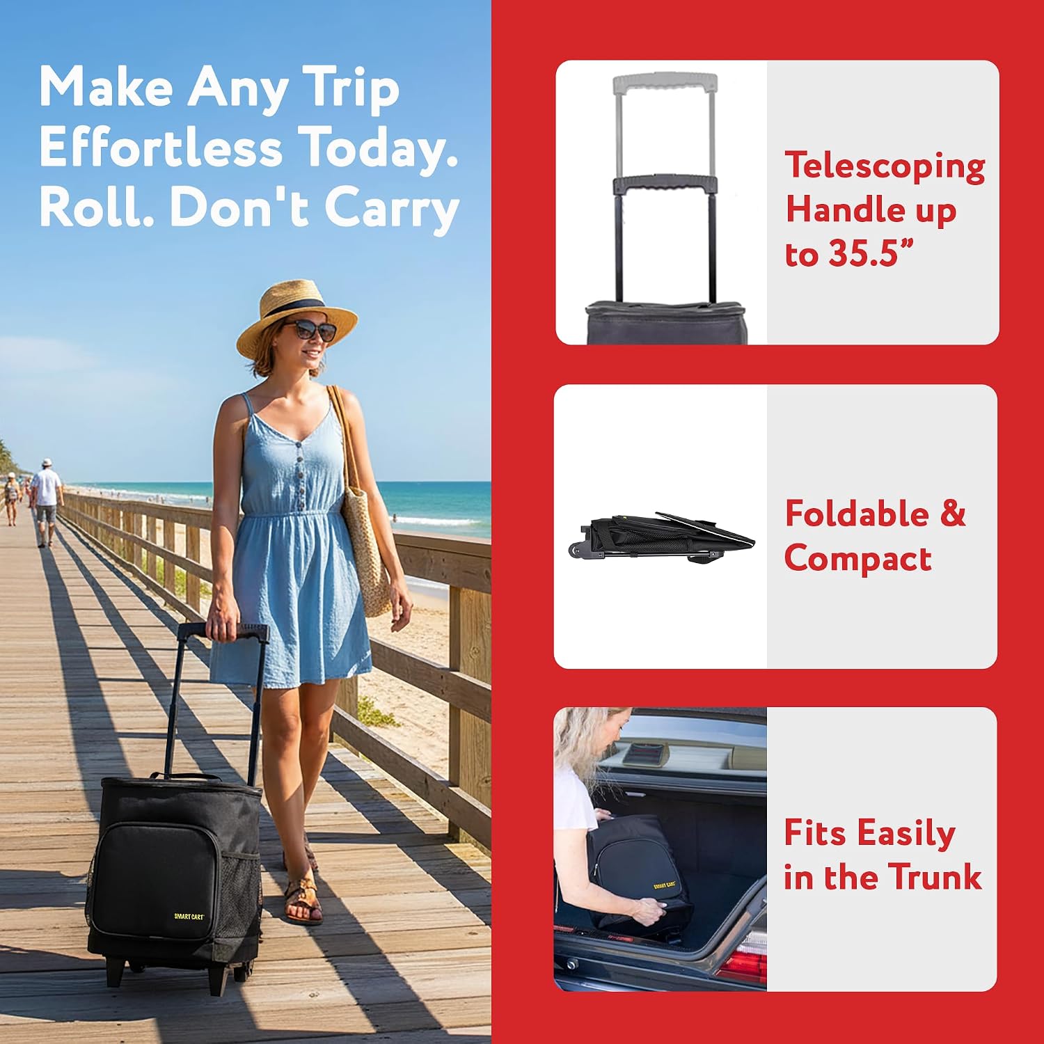 Ultra Compact Cooler Smart Cart with Wheels - Collapsible Insulated Cooler Bag - Foldable Travel Cooler 36 Cans - Leak Proof Trolley - Black