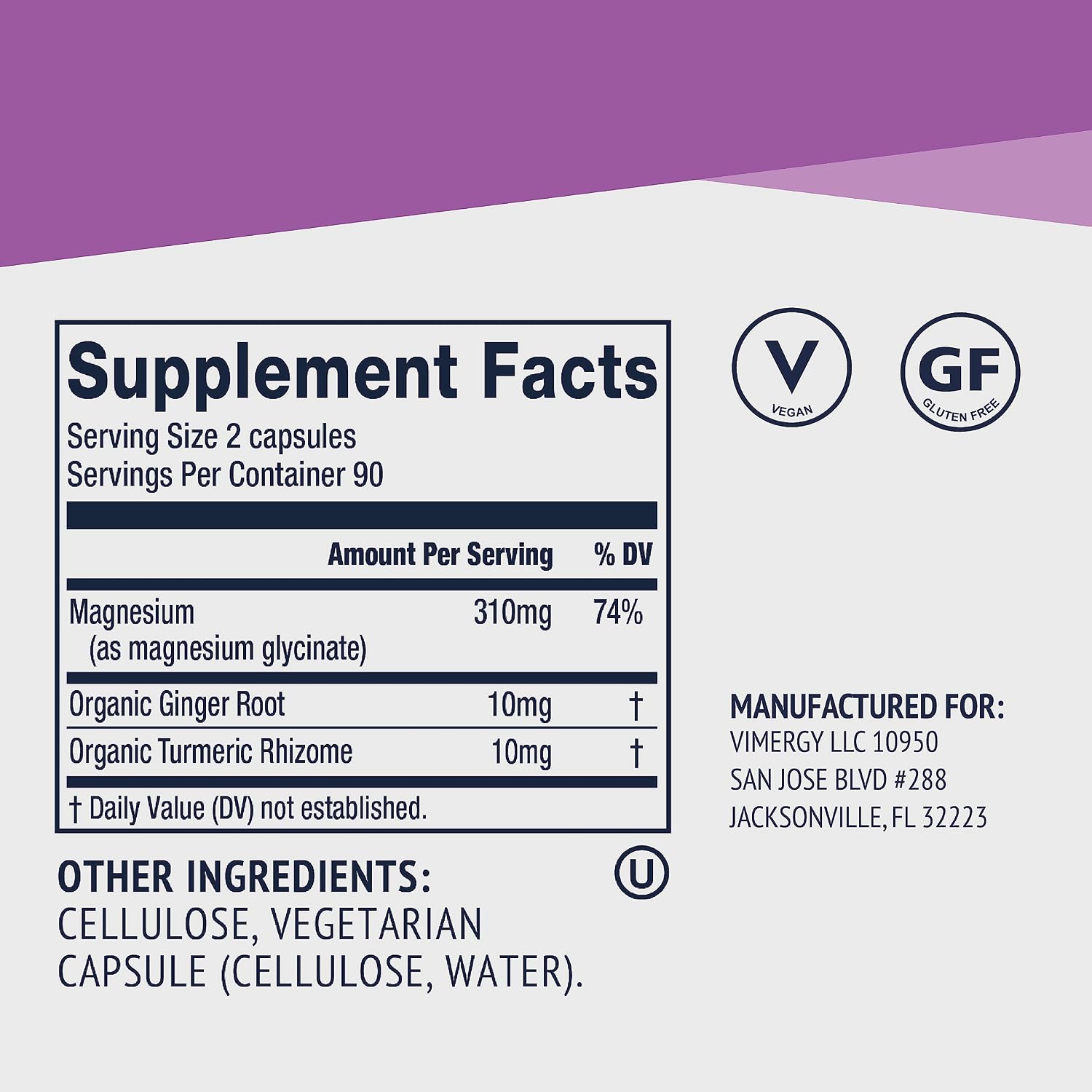 VIMERGY Magnesium Glycinate Supplement, Vegan, 180 Capsules, 90 Servings